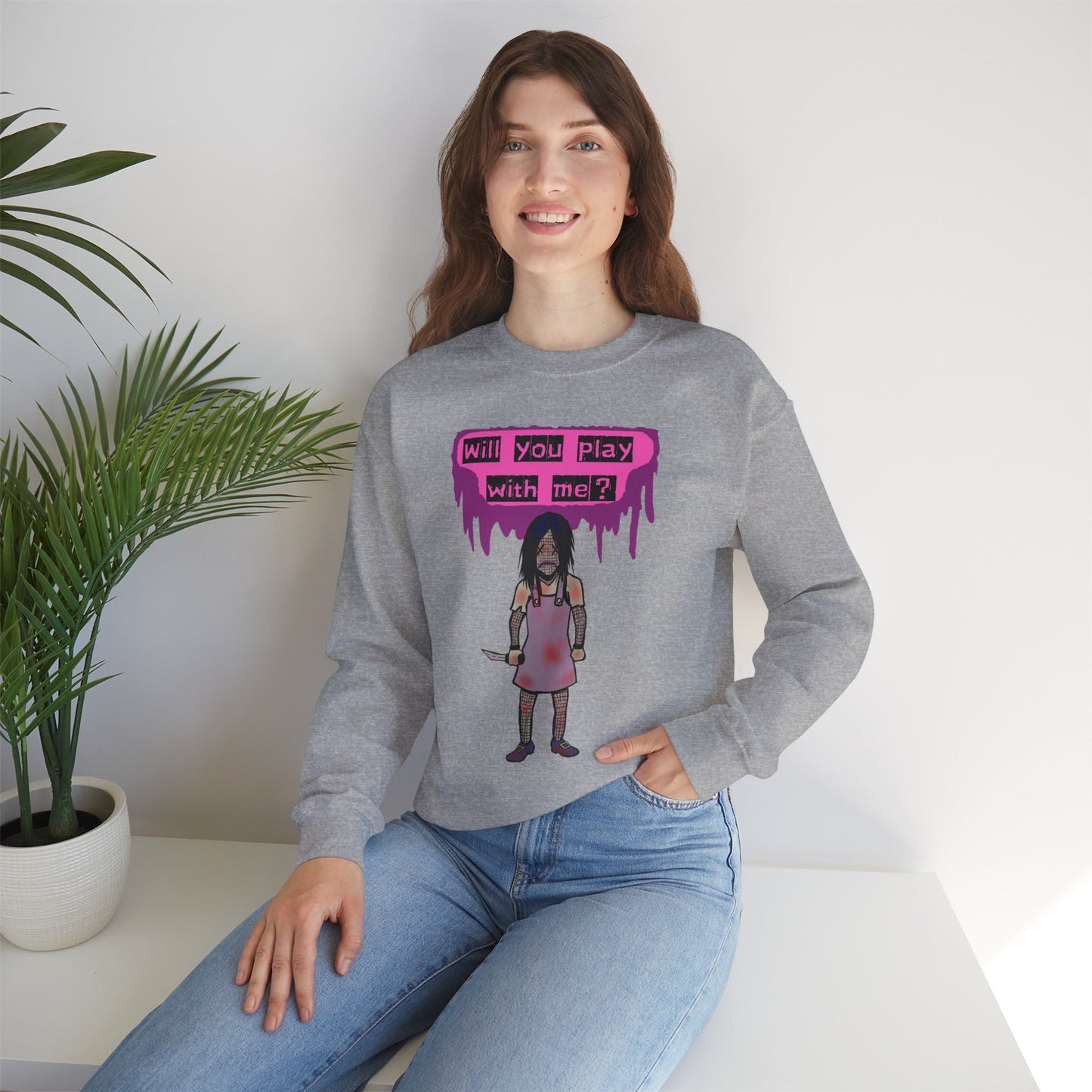 Evil Doll GHOSTLY VINTAGE UNISEX CREWNECK SWEATSHIRT - "Will You Play With Me?"