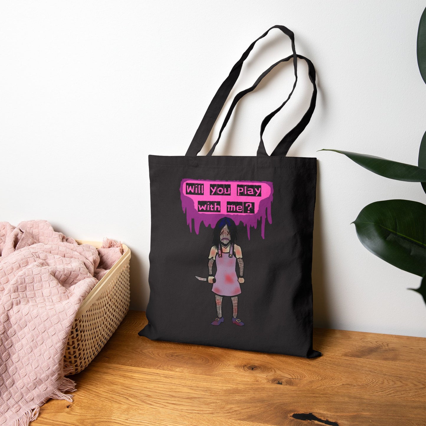 Tote Bag — 'Will You Play With Me?' Horror Creepy Doll Canvas Tote
