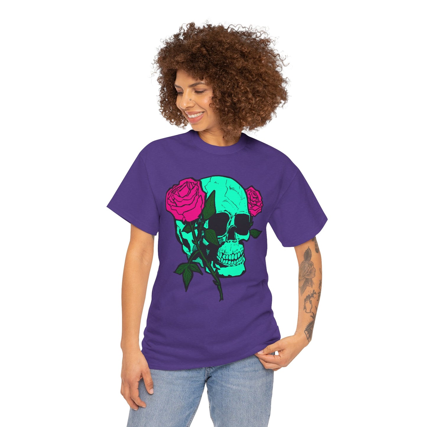 Edgy Skull & Roses Unisex Heavy Cotton Tee - Graphic T-Shirt for Alternative Fashion Lovers