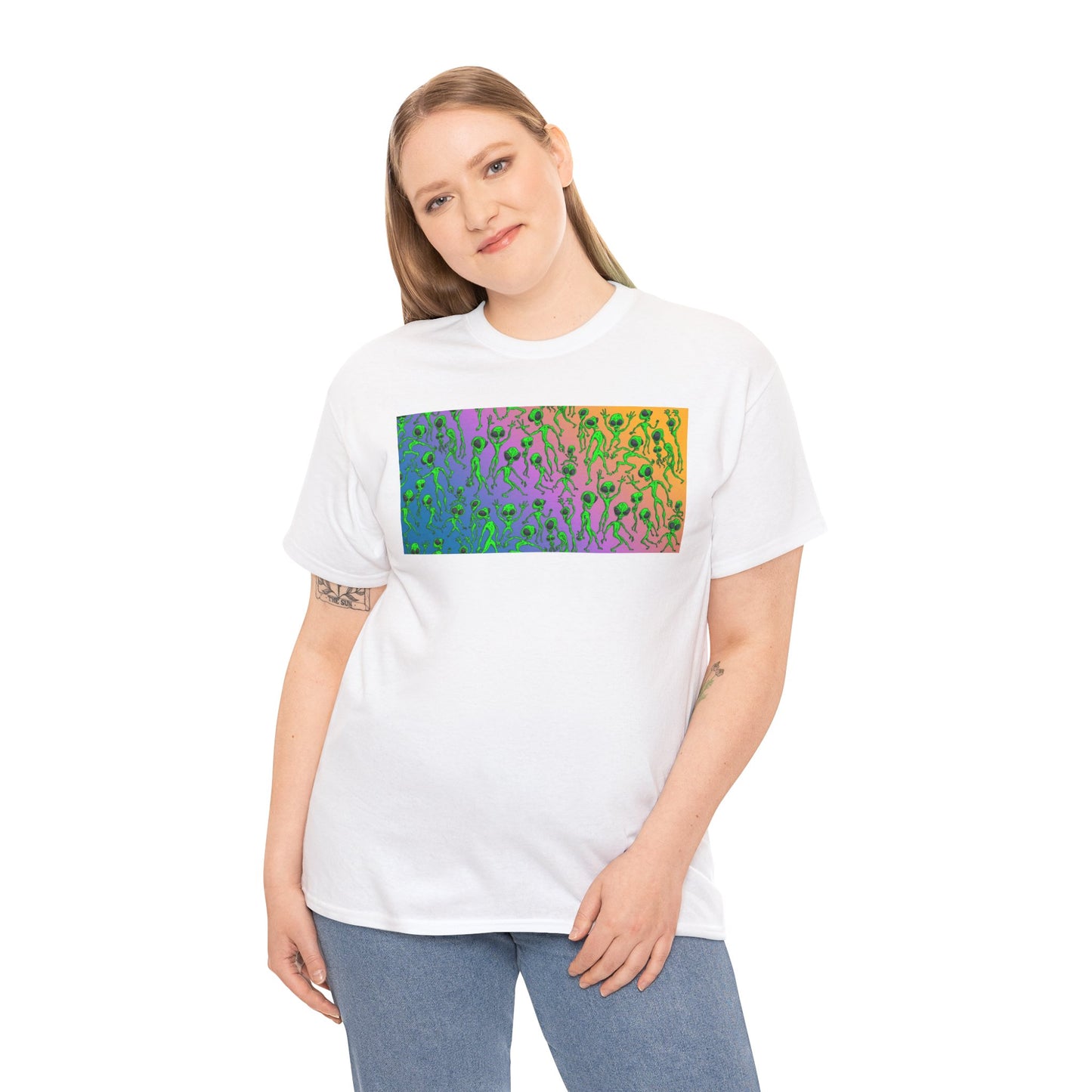 Alien Dance Party Gradient Tee — Colorful Psychedelic Green Aliens Art T-Shirt