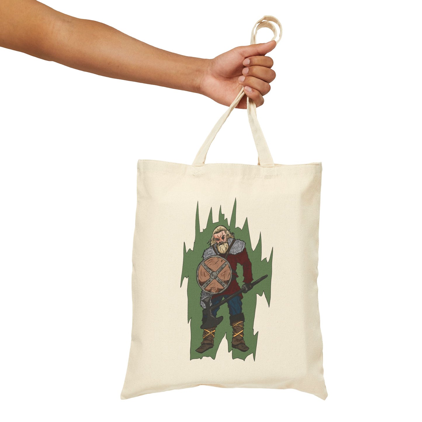 Viking Warrior Canvas Tote Bag – Norse Shield & Axe Graphic Cotton Tote