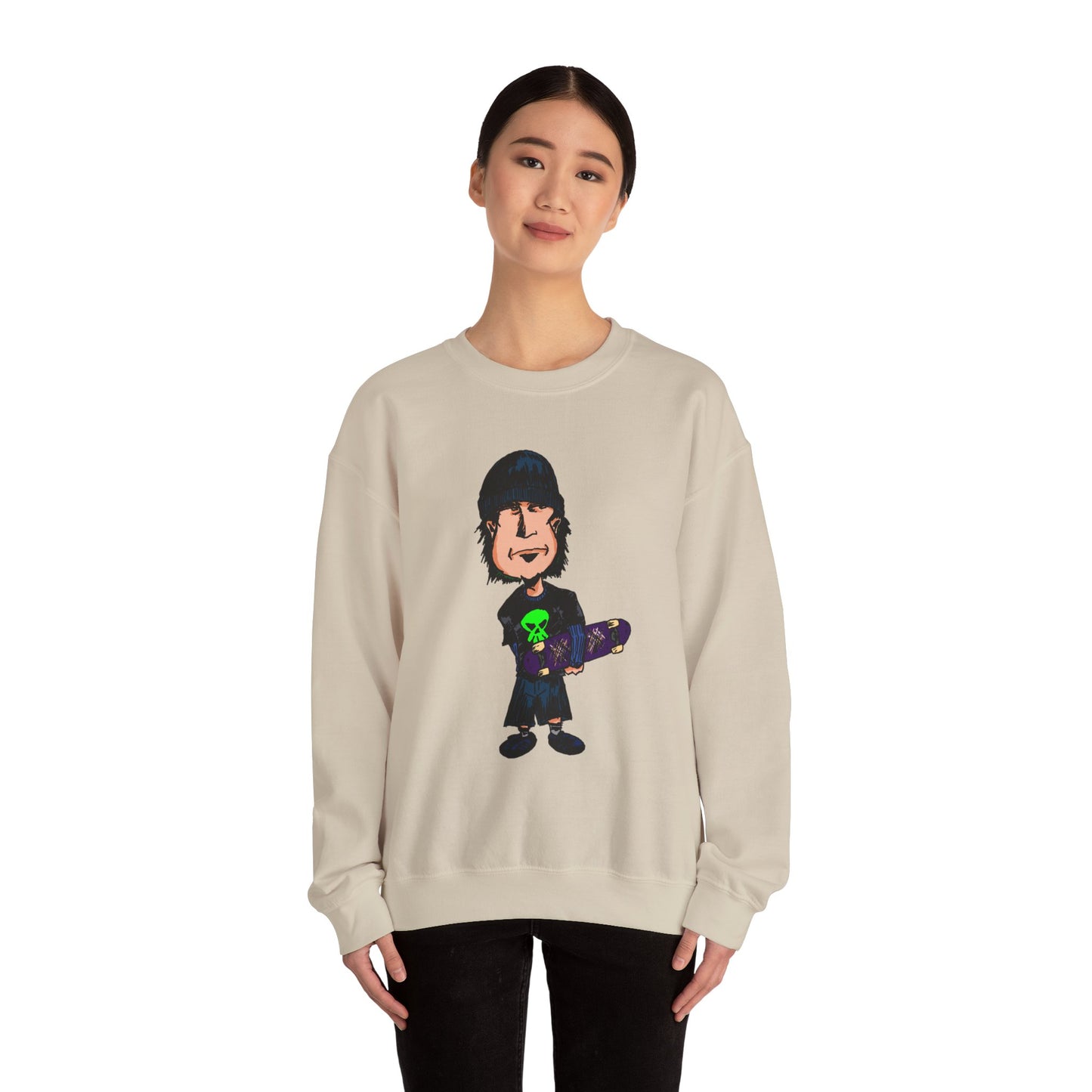 Rude Skater Dude - Cartoon Skate Punk Crewneck Sweatshirt — Retro Skateboard Character Graphic