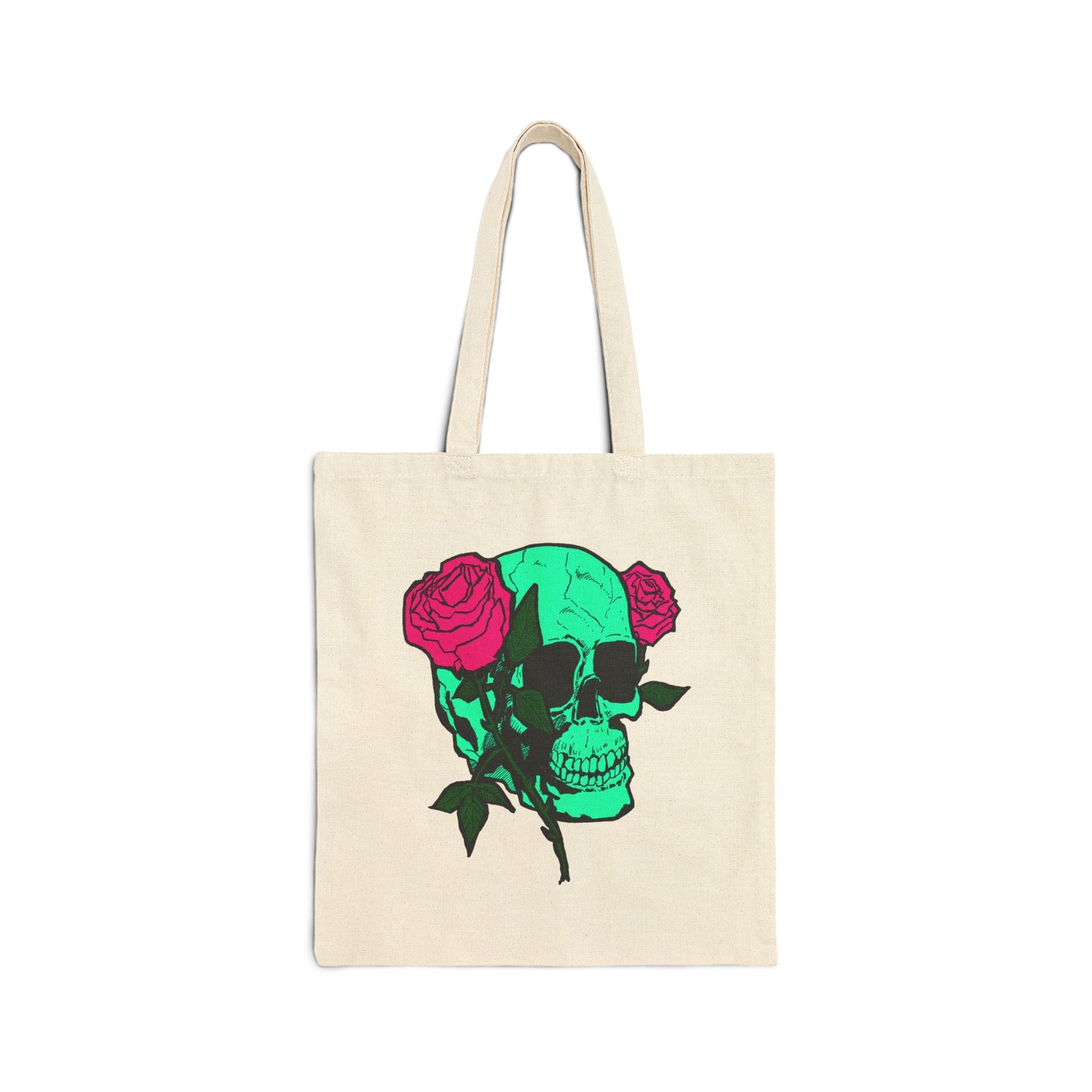 Skull & Roses Canvas Tote — Green Skull with Pink Roses Cotton Bag