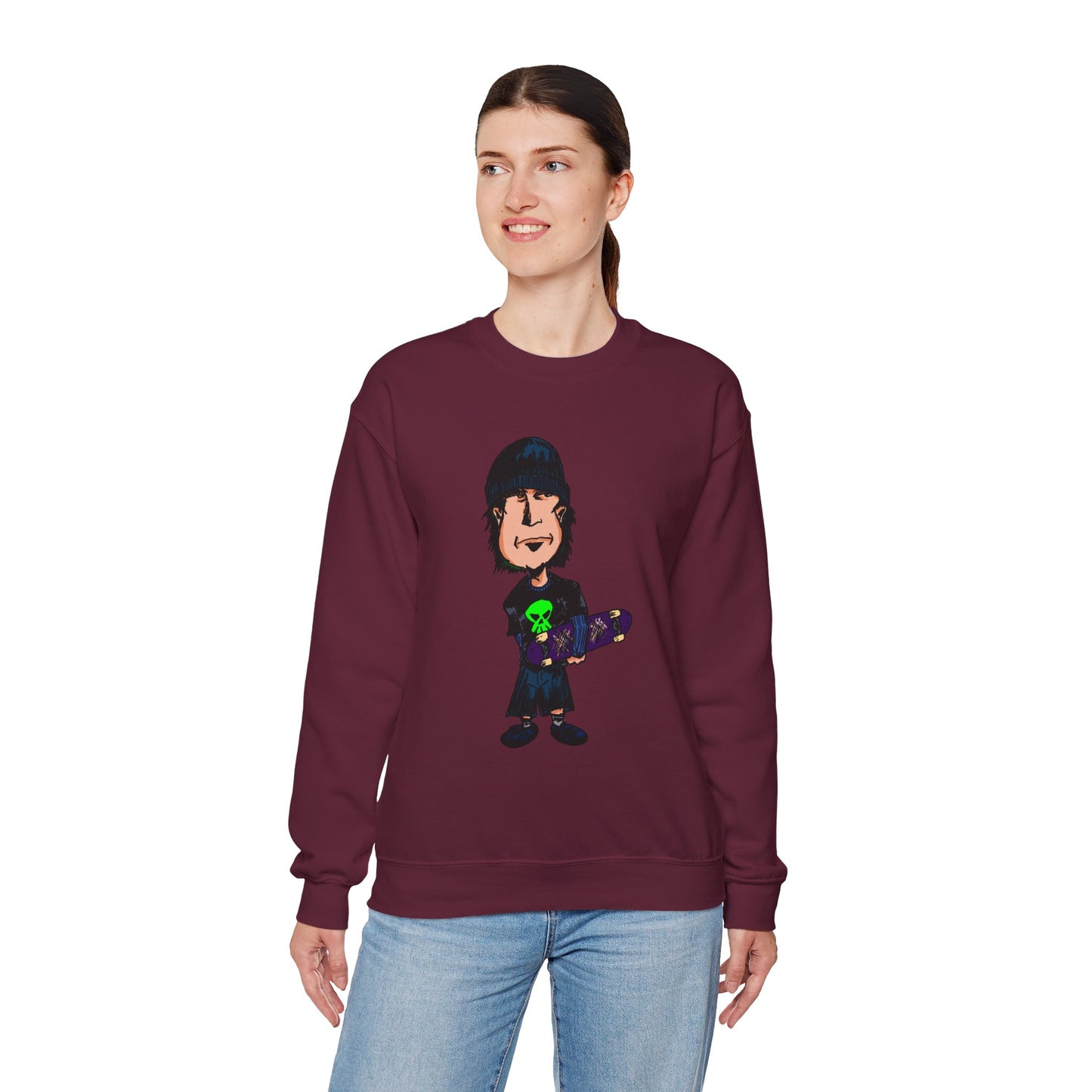 Rude Skater Dude - Cartoon Skate Punk Crewneck Sweatshirt — Retro Skateboard Character Graphic