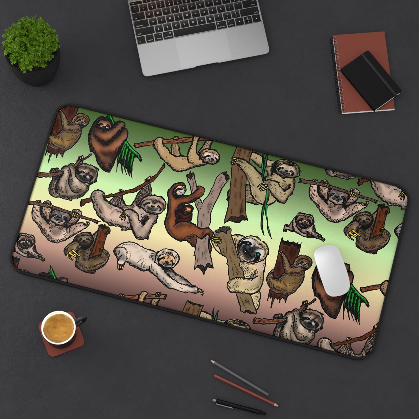 Sloth Pattern Desk Mat — Cute Hanging Sloths Mouse Pad for Home Office