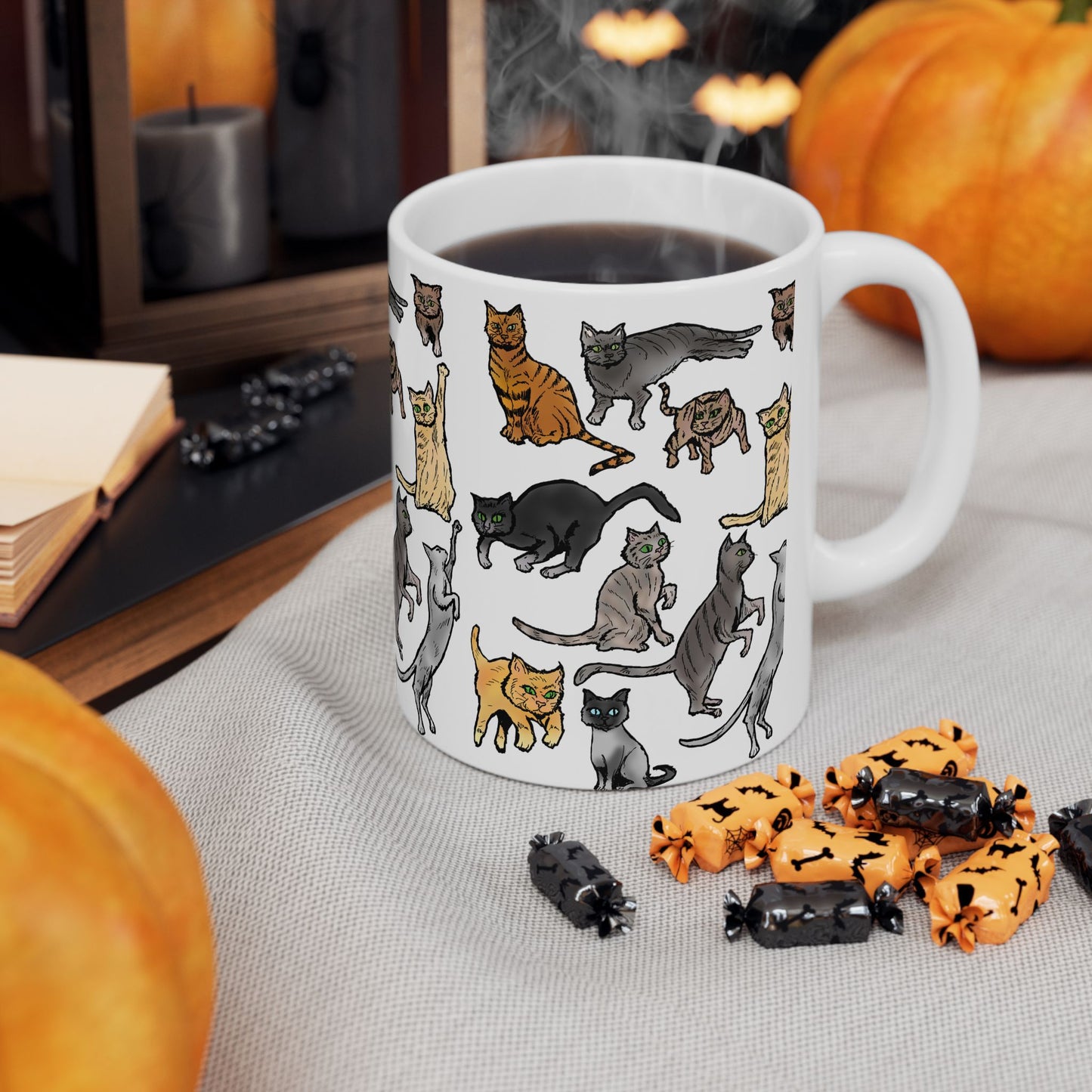 Cat Pattern Ceramic Mug — Cute Illustrated Cats Coffee Cup (11oz, 15oz)