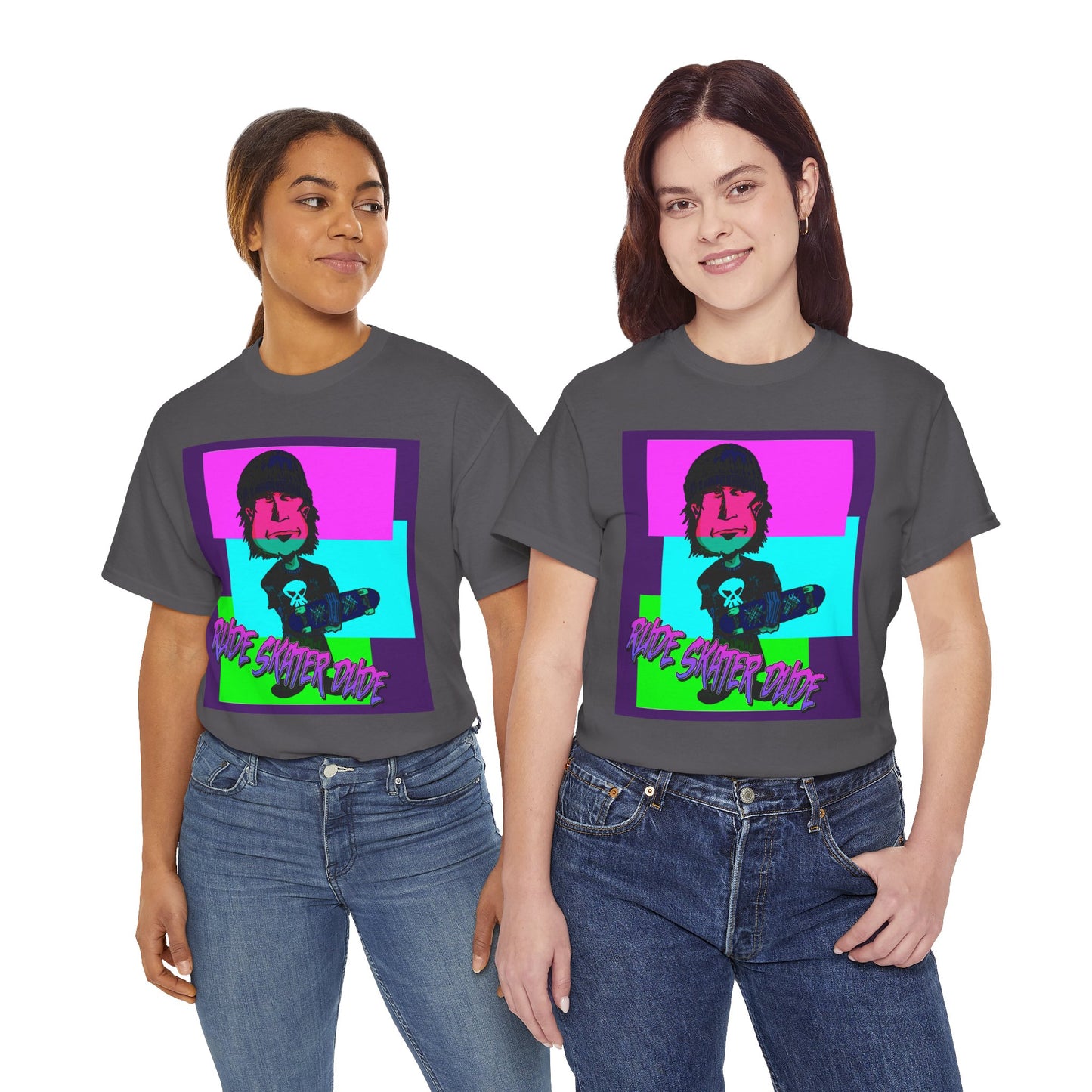 Retro Neon Skateboard Tee — "Rude Skater Dude" Graphic