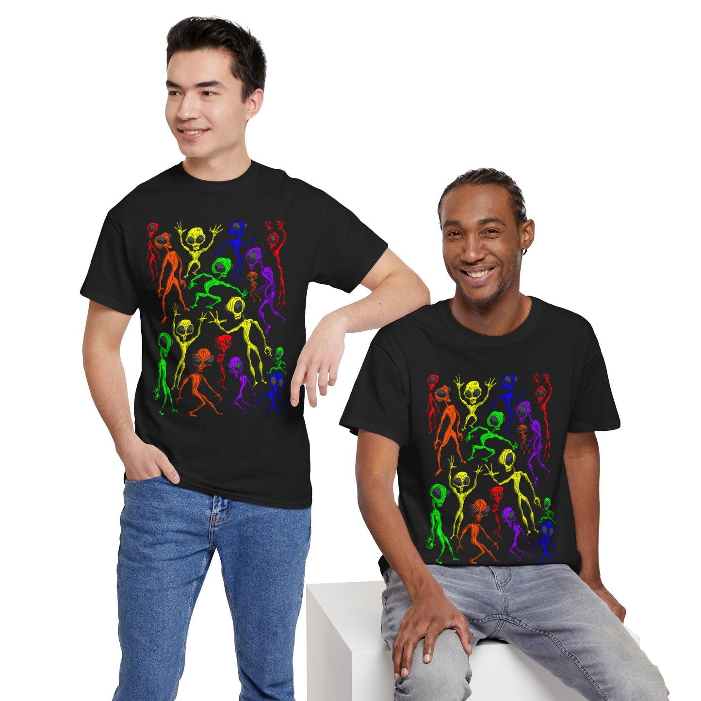 Rainbow Alien Dance Party Unisex Tee - Cosmic Sci-Fi Shirt