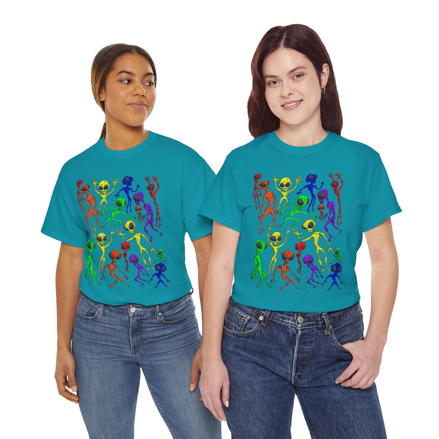 Rainbow Alien Dance Party Unisex Tee - Cosmic Sci-Fi Shirt