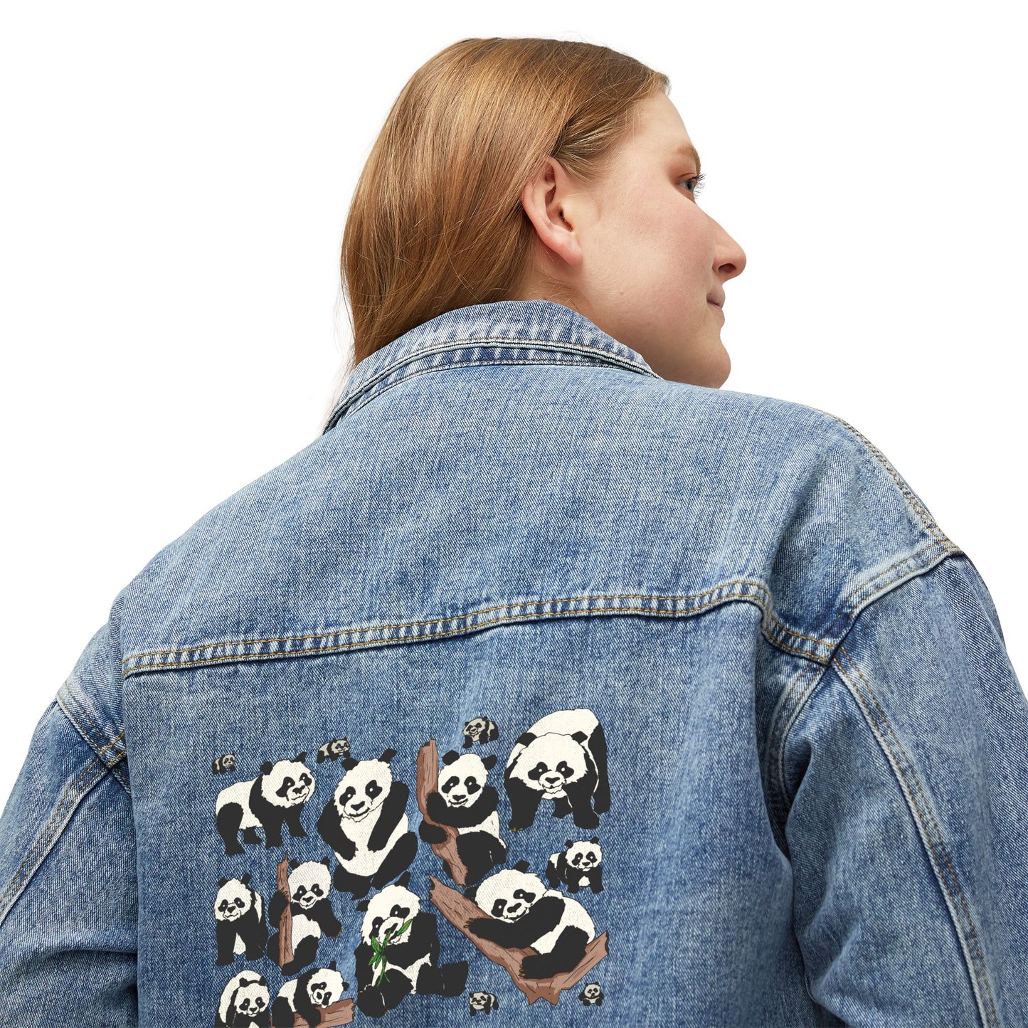 Women's Denim Jacket with Cute Panda Pack Backprint