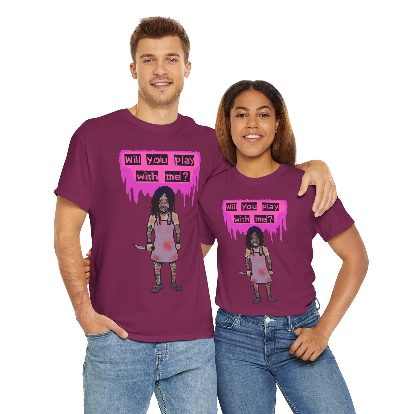 Playful Evil Doll Horror Graphic Tee, Unisex Heavy Cotton Shirt, Casual Wear, Unique Gift, Halloween Costume, Quirky Fashion
