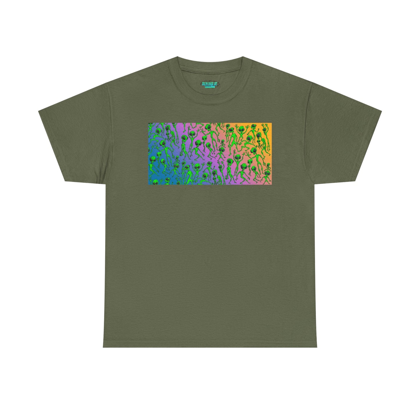 Alien Dance Party Gradient Tee — Colorful Psychedelic Green Aliens Art T-Shirt