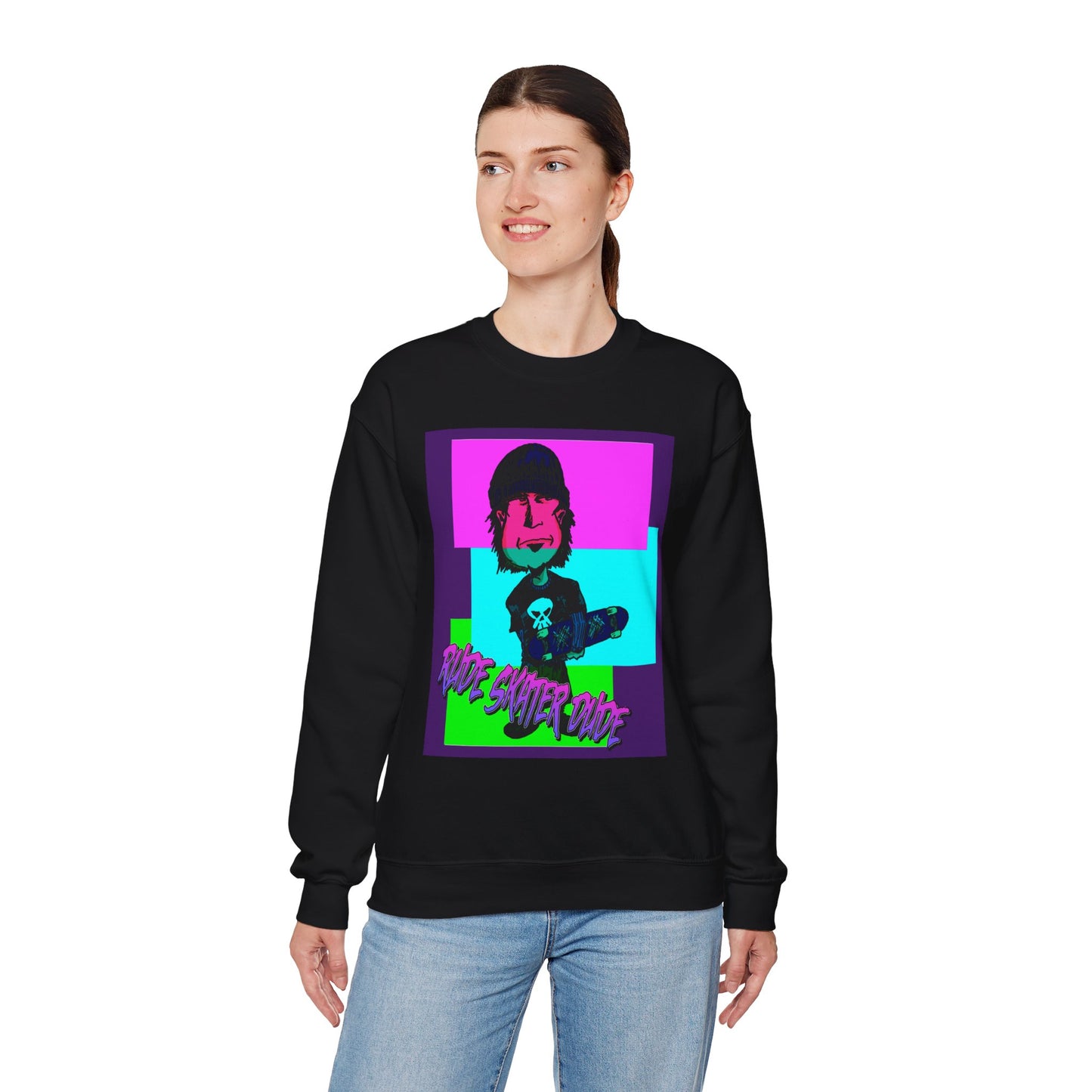 Crewneck Sweatshirt — Retro Neon Skate Punk "Rude Skater Dude" Graphic