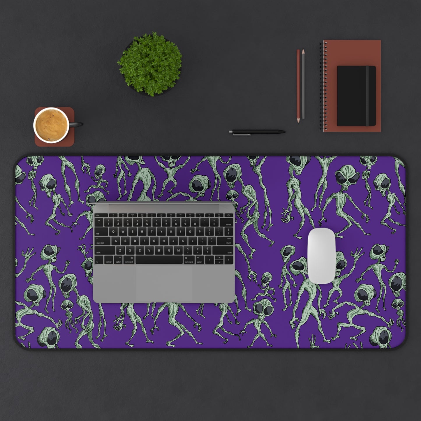 Alien Dance Party Desk Mat - Sci-Fi Intergalactic Purple Background