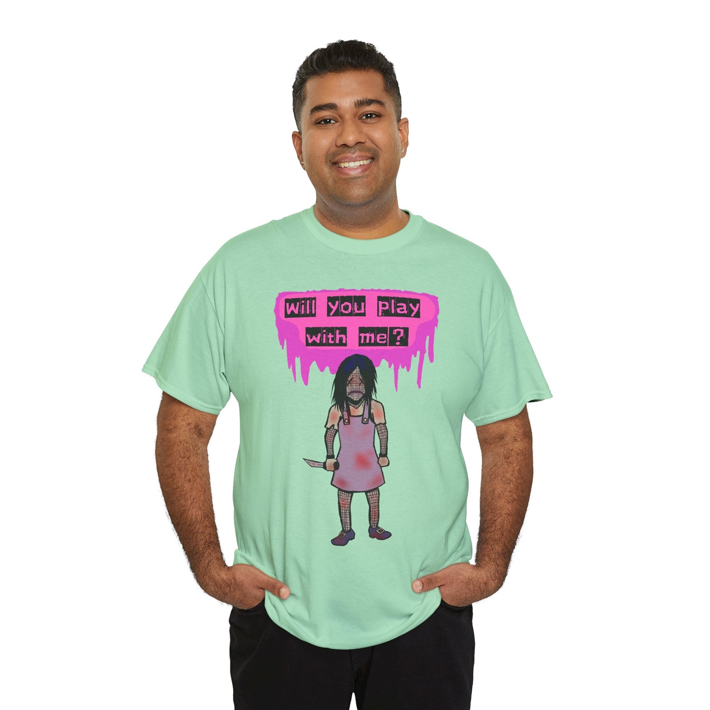 Playful Evil Doll Horror Graphic Tee, Unisex Heavy Cotton Shirt, Casual Wear, Unique Gift, Halloween Costume, Quirky Fashion