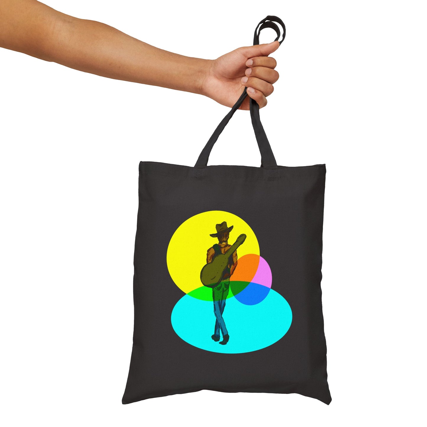 Cowboy Musician Tote Bag — Silhouette Guitarist Colorful Retro Circles Canvas Tote
