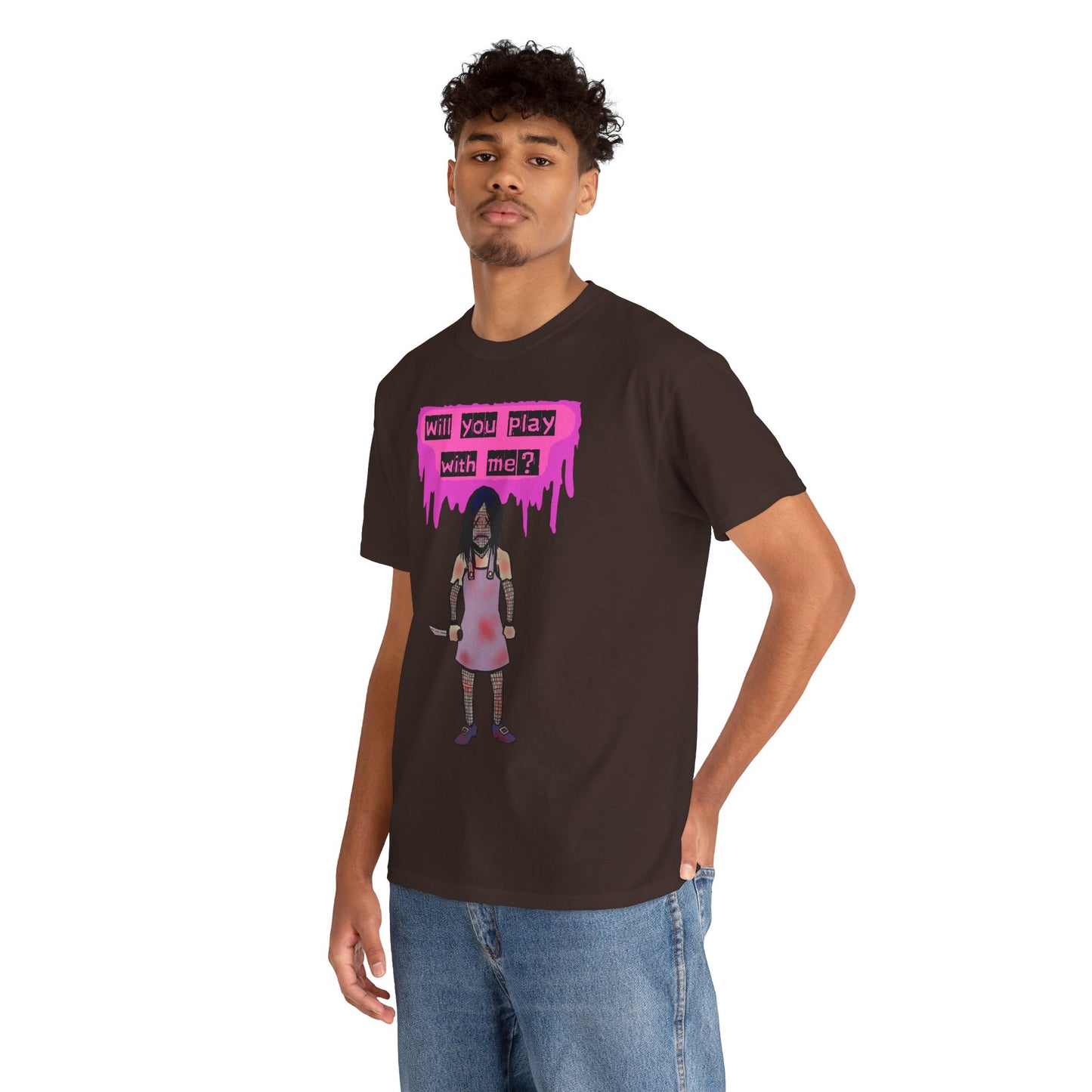 Playful Evil Doll Horror Graphic Tee, Unisex Heavy Cotton Shirt, Casual Wear, Unique Gift, Halloween Costume, Quirky Fashion