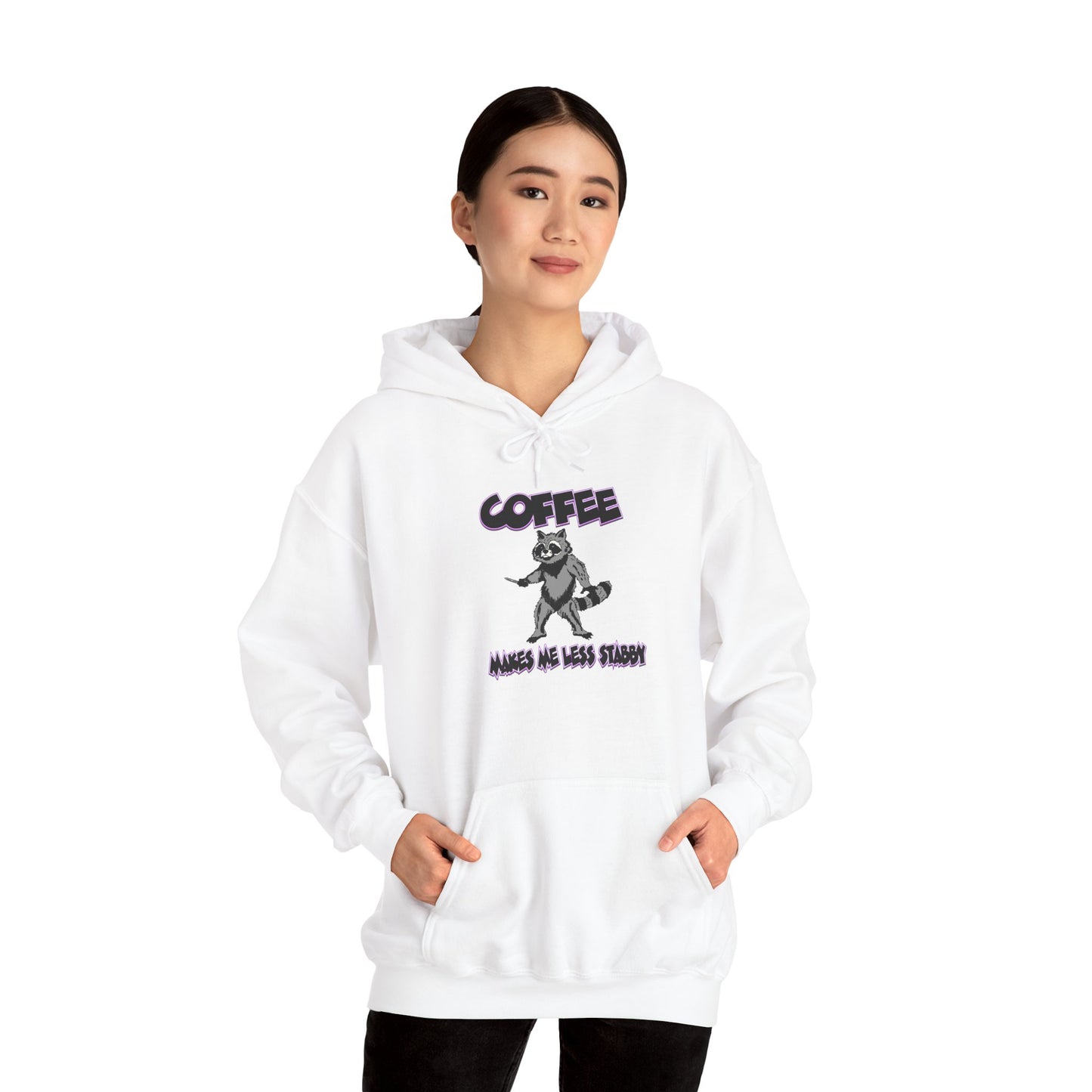 Coffee Makes Me Less Stabby Themed Unisex Hoodie with Fun Raccoon Design, Perfect for Coffee Lovers, Gift for Birthdays, Chill Days, Cozy Sweater