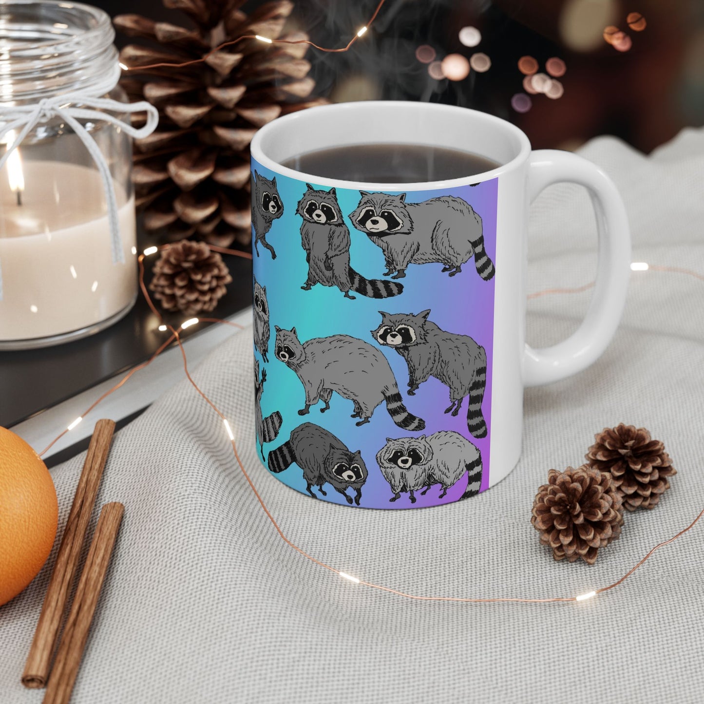 Raccoon Pattern Ceramic Mug — Cute Cartoon Raccoons on Gradient Background (11oz, 15oz)