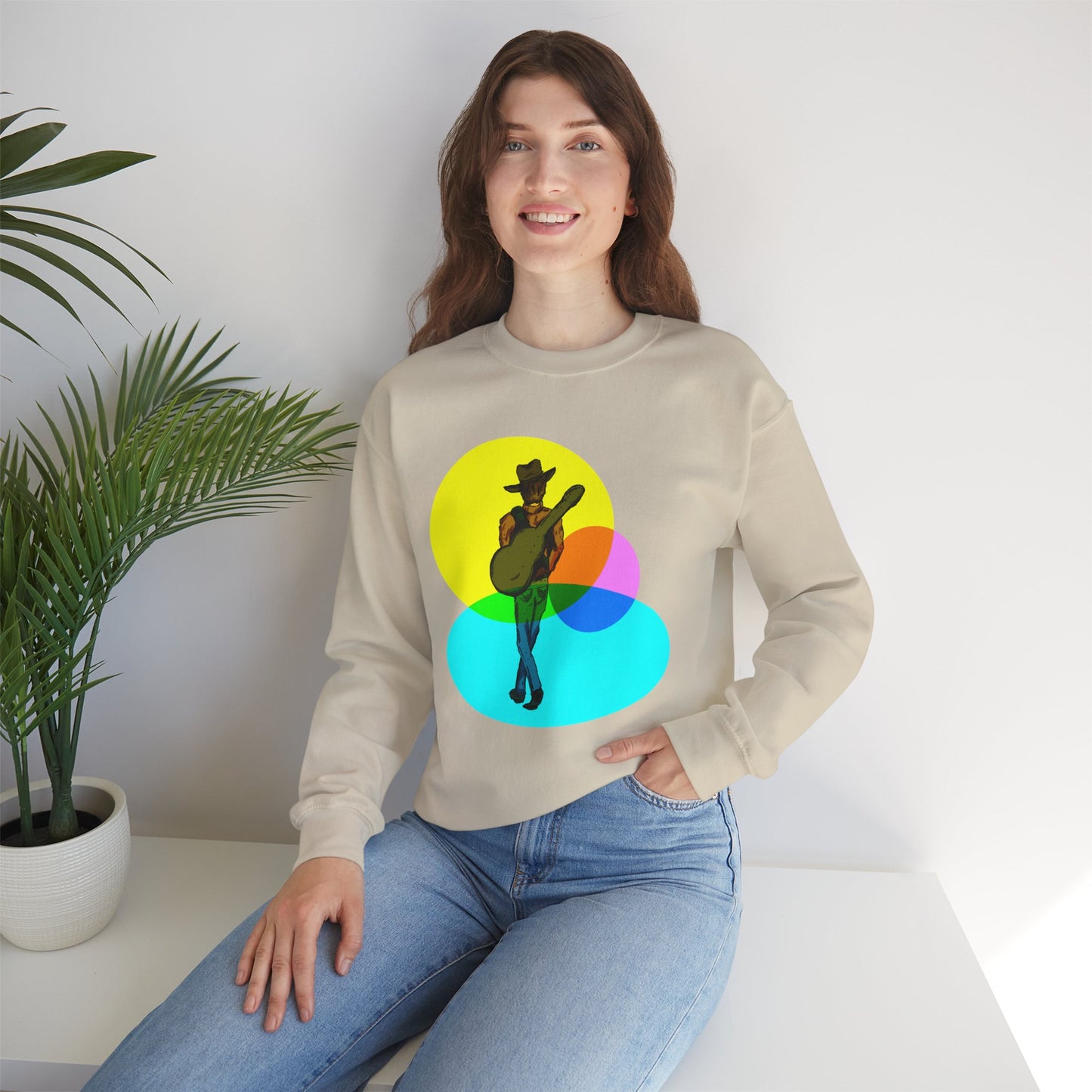 Cowboy Guitarist Graphic Sweatshirt — Retro Color Spot Music Pullover