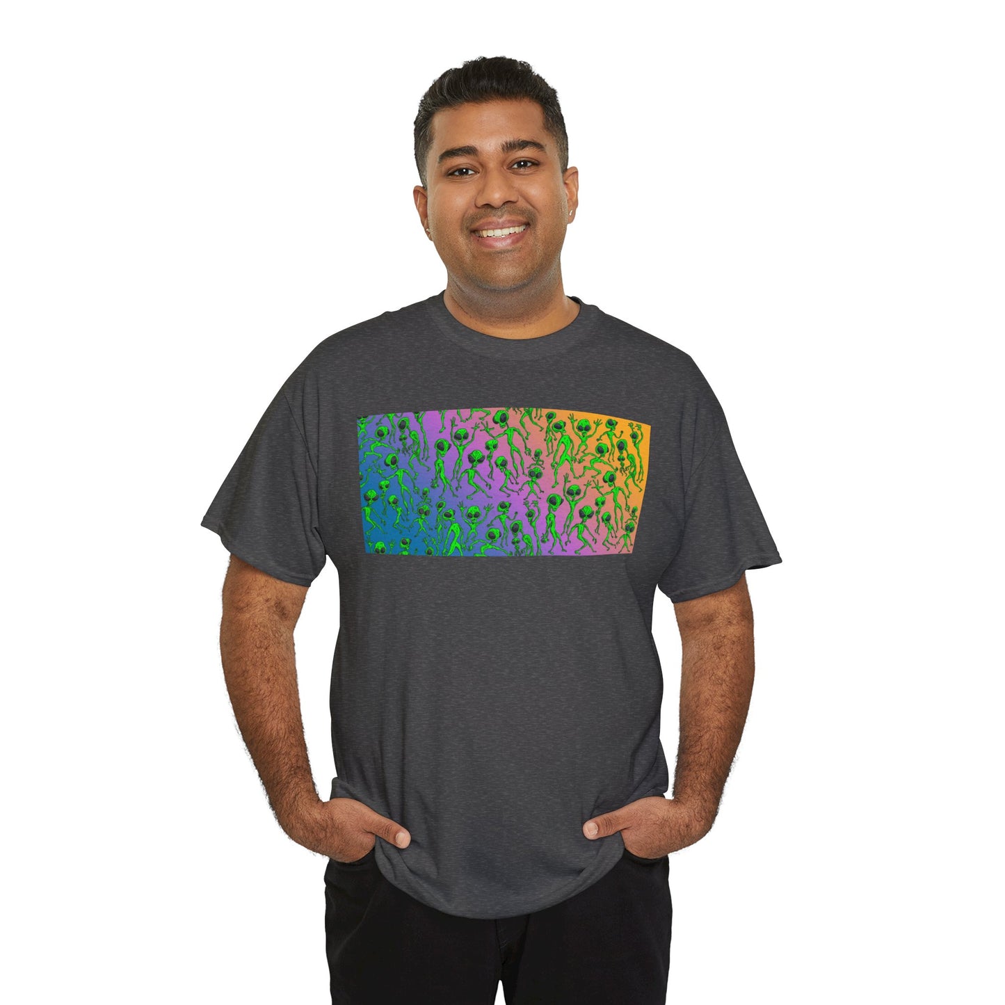 Alien Dance Party Gradient Tee — Colorful Psychedelic Green Aliens Art T-Shirt