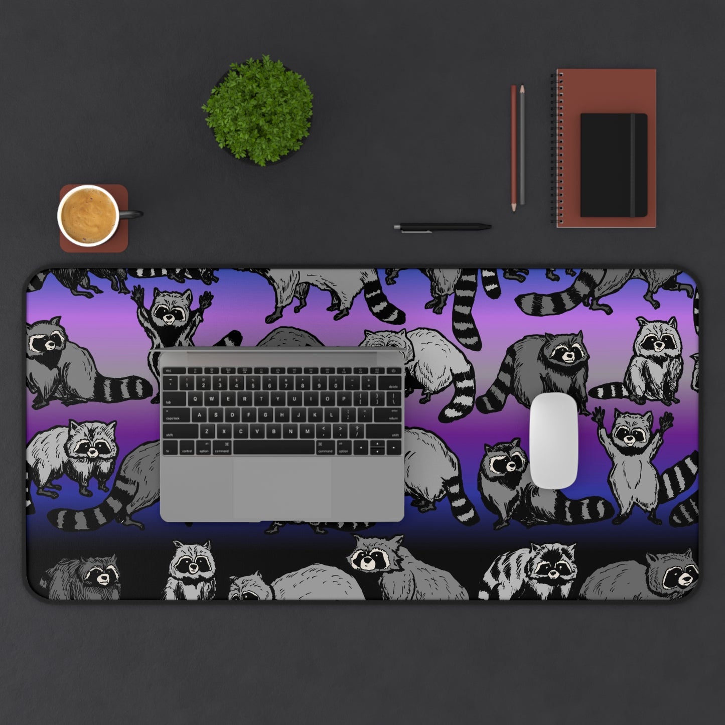 Raccoon Pattern Gradient Desk Mat — Cute Nighttime Animal Mouse Pad
