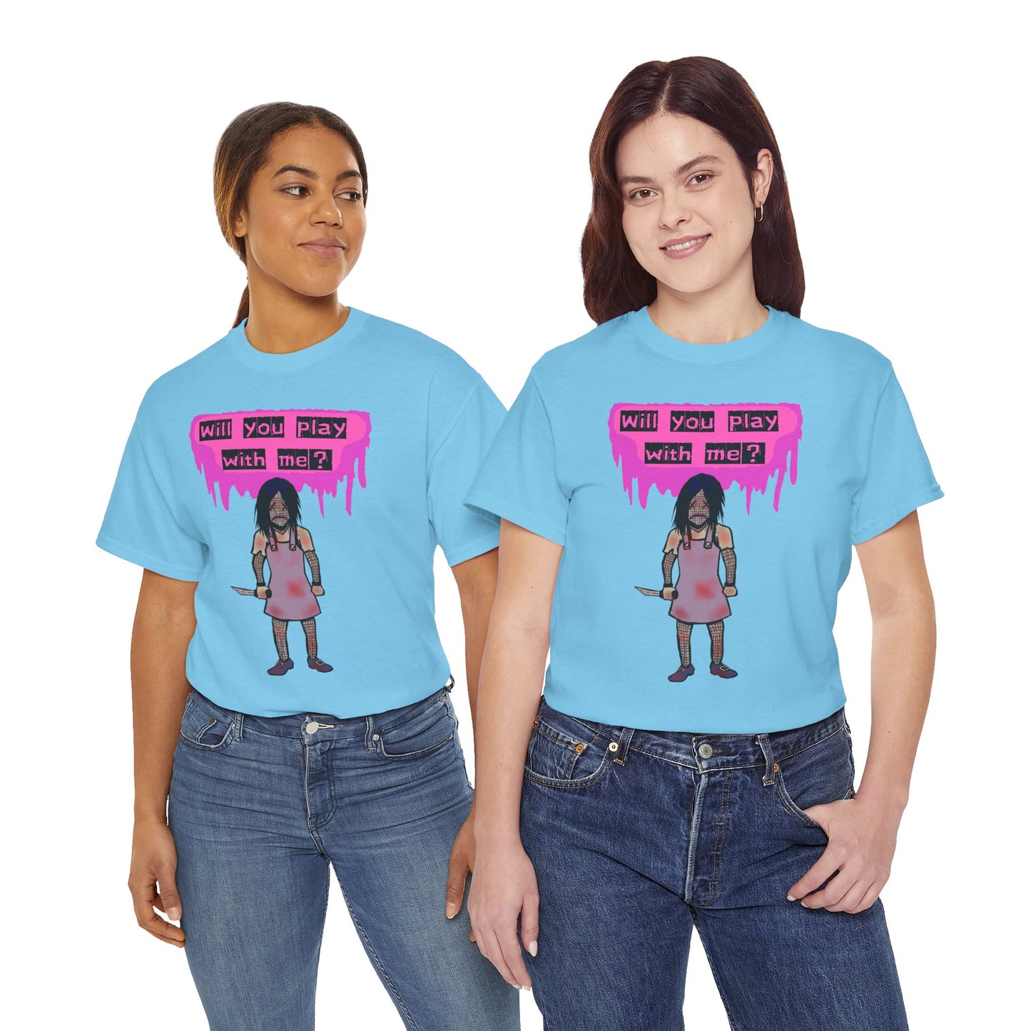 Playful Evil Doll Horror Graphic Tee, Unisex Heavy Cotton Shirt, Casual Wear, Unique Gift, Halloween Costume, Quirky Fashion