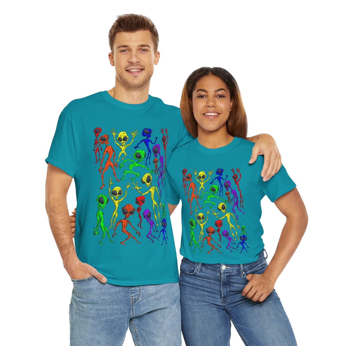Rainbow Alien Dance Party Unisex Tee - Cosmic Sci-Fi Shirt