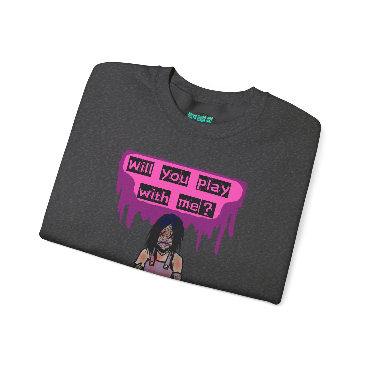 Evil Doll GHOSTLY VINTAGE UNISEX CREWNECK SWEATSHIRT - "Will You Play With Me?"