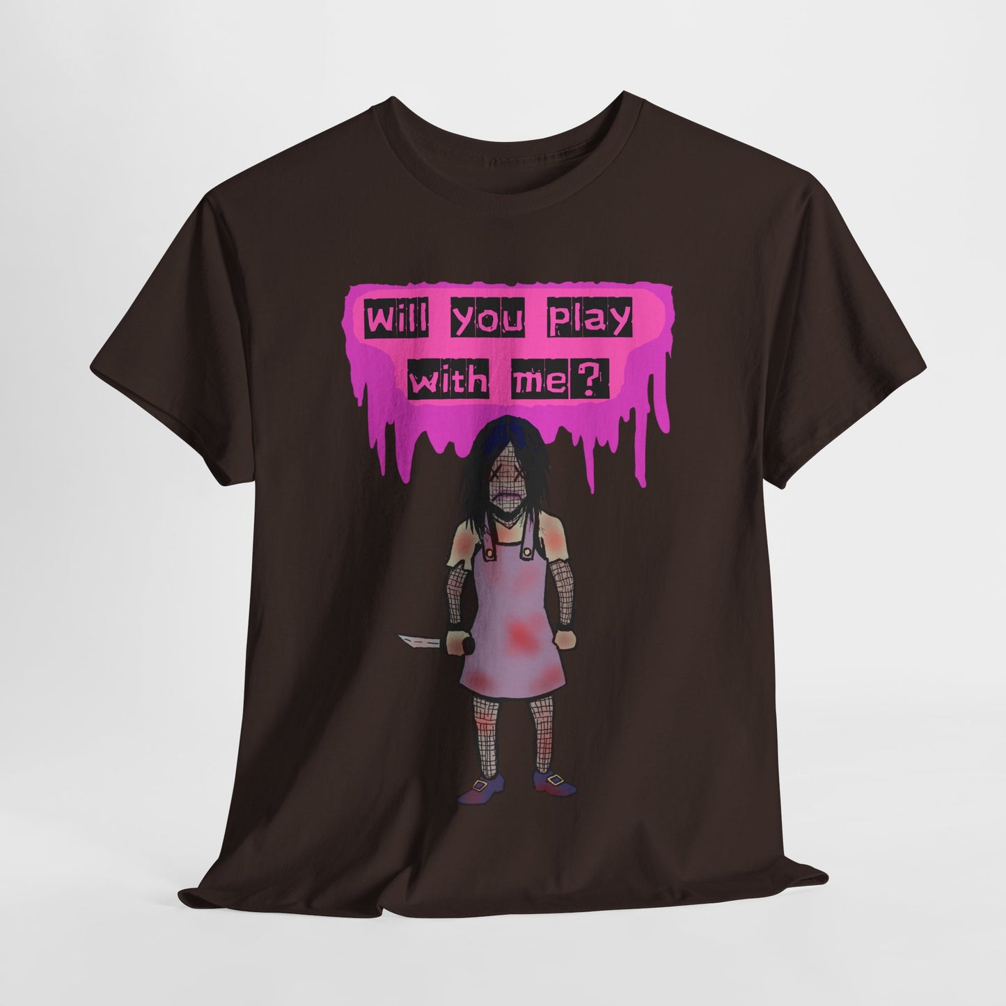 Playful Evil Doll Horror Graphic Tee, Unisex Heavy Cotton Shirt, Casual Wear, Unique Gift, Halloween Costume, Quirky Fashion