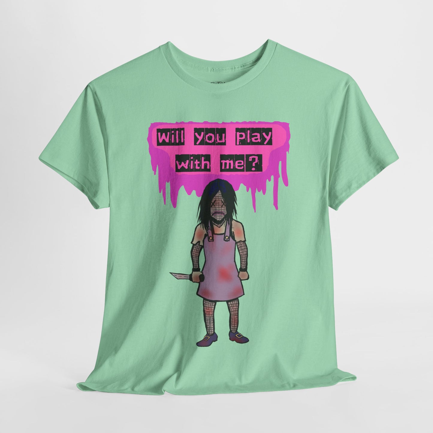 Playful Evil Doll Horror Graphic Tee, Unisex Heavy Cotton Shirt, Casual Wear, Unique Gift, Halloween Costume, Quirky Fashion