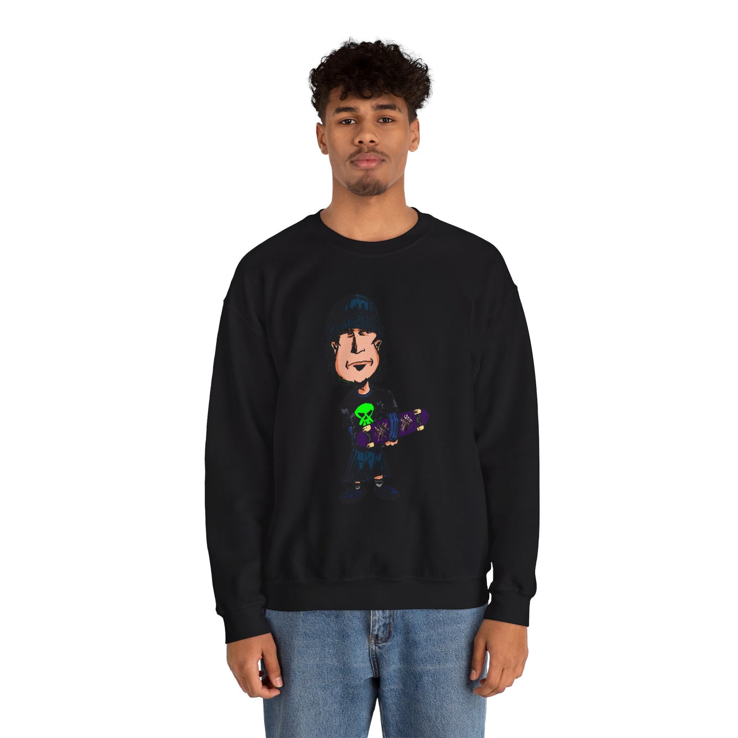 Rude Skater Dude - Cartoon Skate Punk Crewneck Sweatshirt — Retro Skateboard Character Graphic