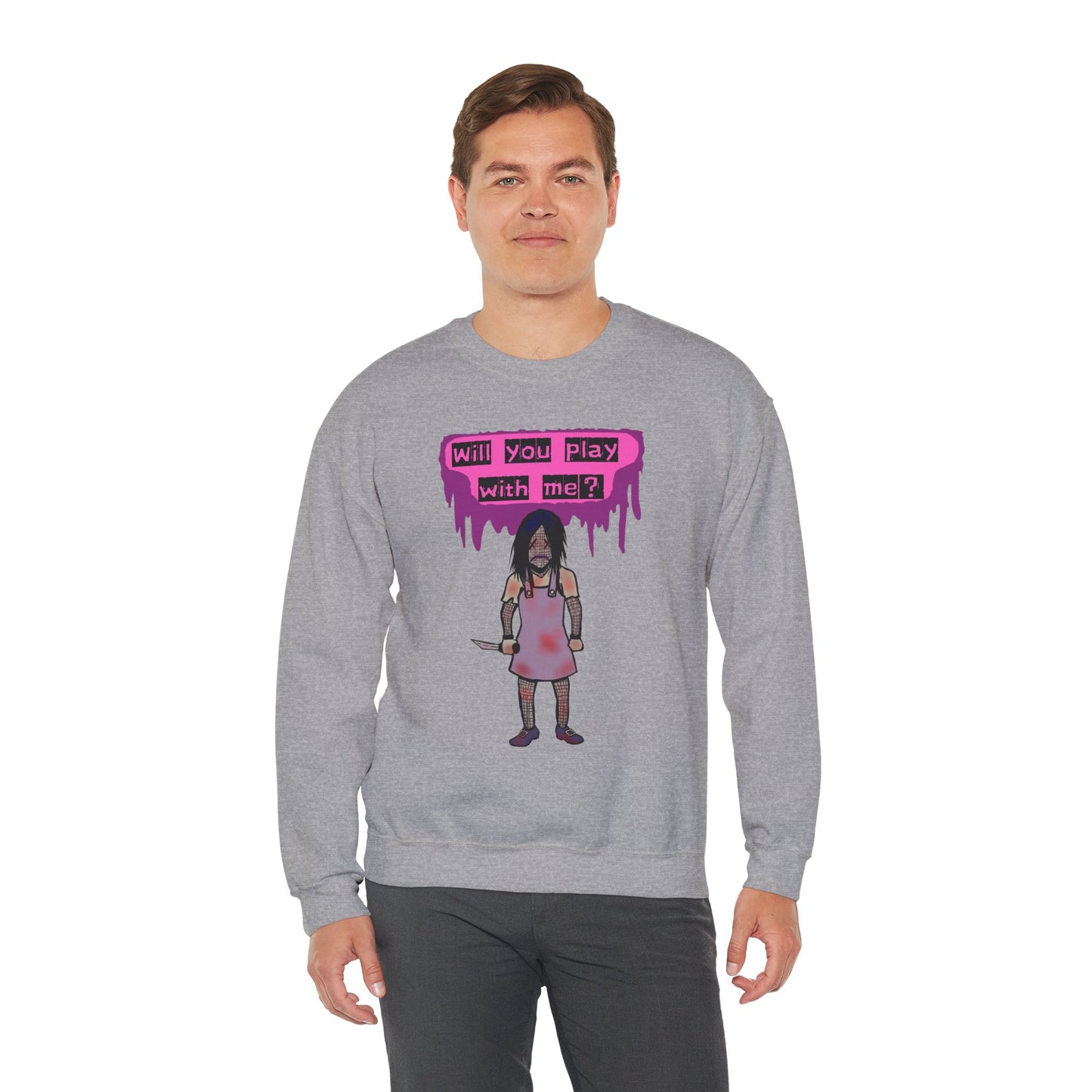 Evil Doll GHOSTLY VINTAGE UNISEX CREWNECK SWEATSHIRT - "Will You Play With Me?"
