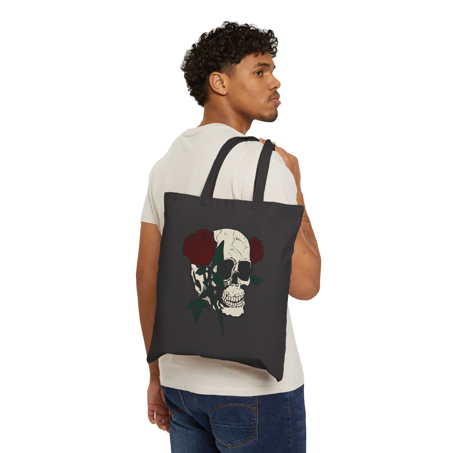 Skull & Roses Canvas Tote Bag — Gothic Floral Reusable Shopper