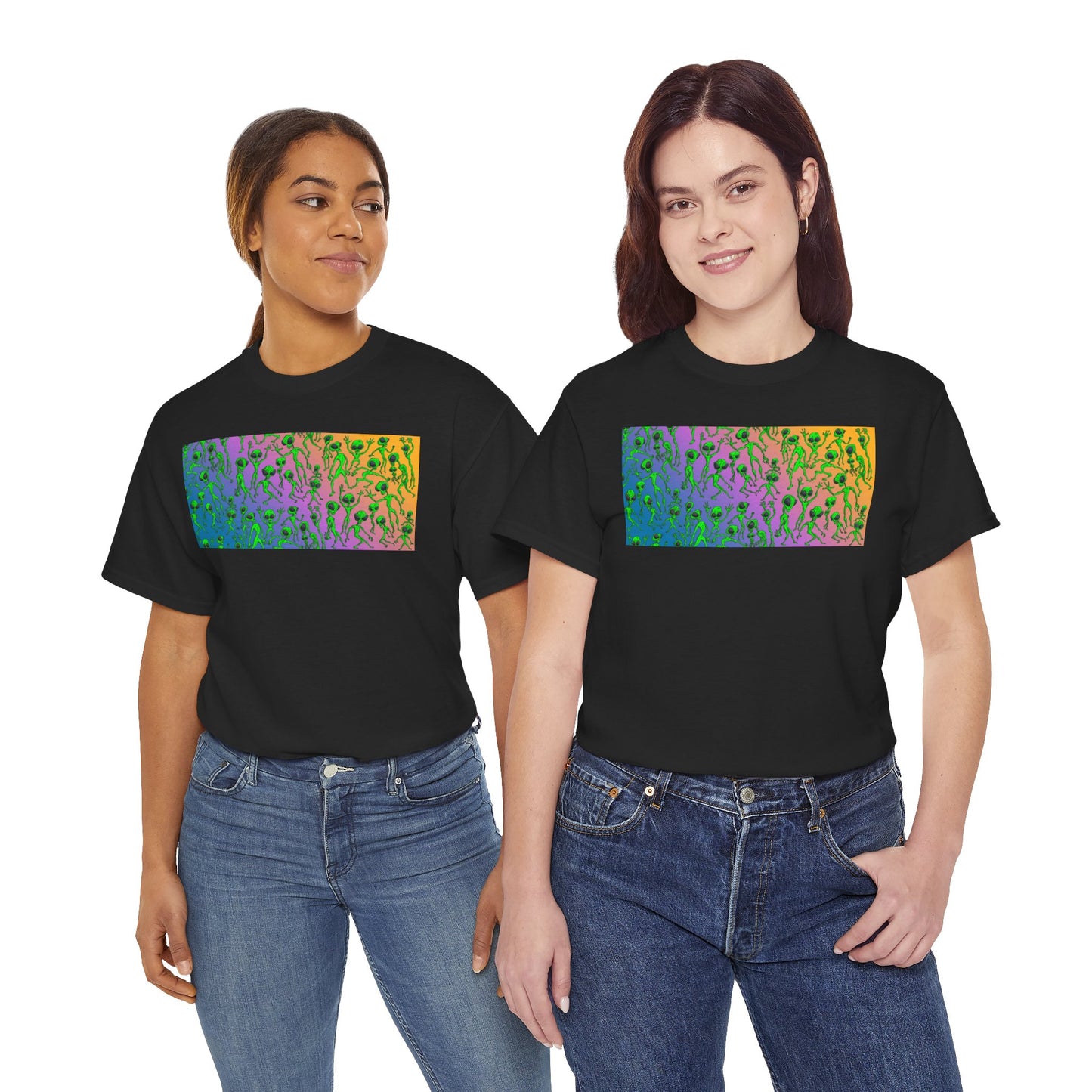Alien Dance Party Gradient Tee — Colorful Psychedelic Green Aliens Art T-Shirt