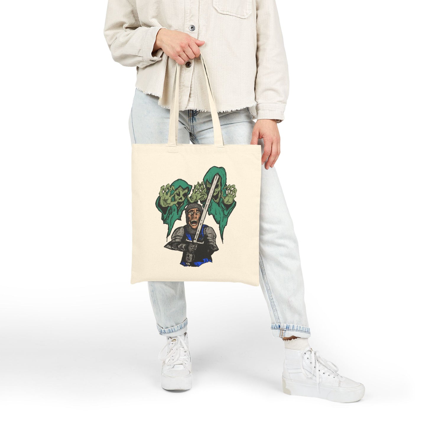 Knight Fright Graphic Canvas Tote — Warrior with Sword & Wraiths Design