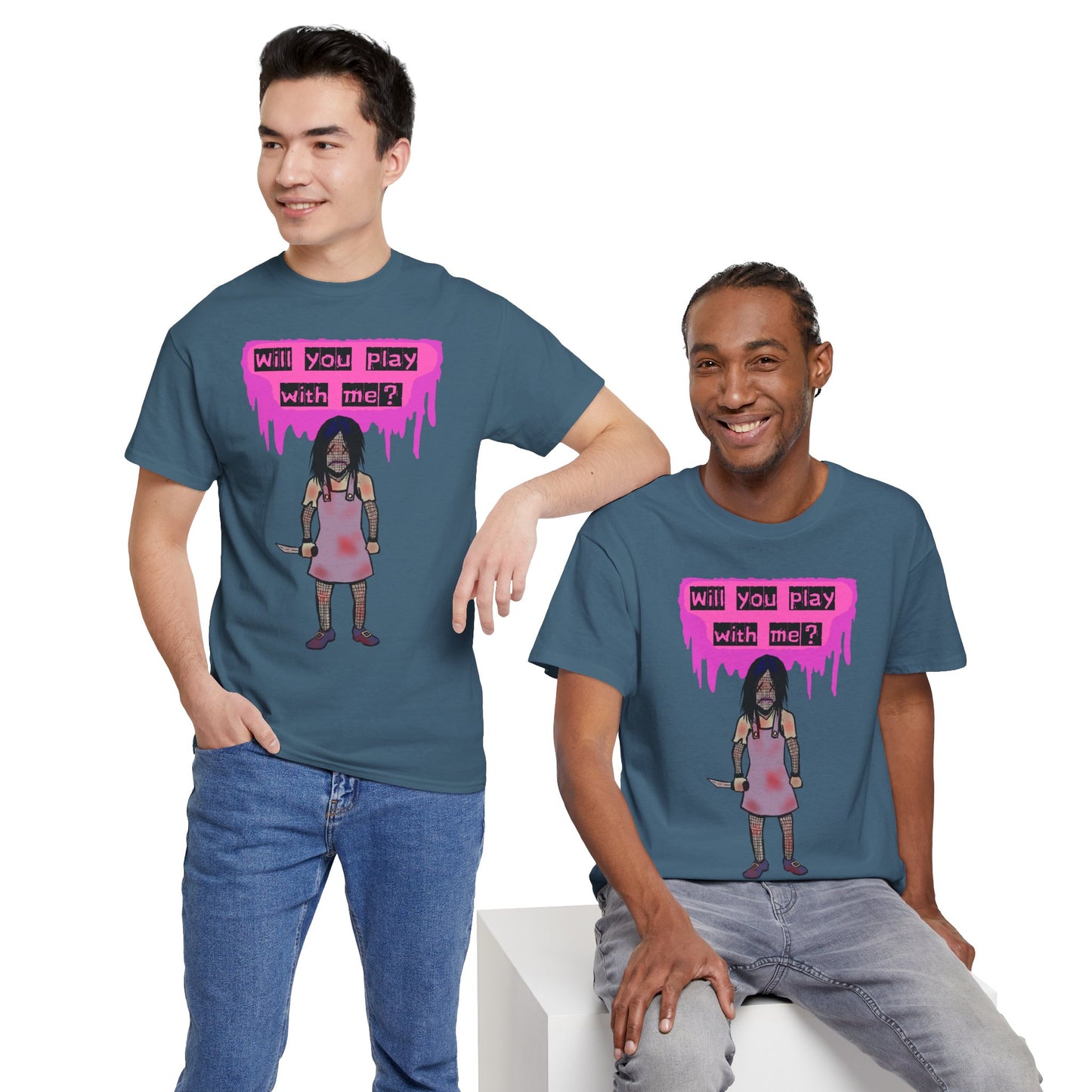 Playful Evil Doll Horror Graphic Tee, Unisex Heavy Cotton Shirt, Casual Wear, Unique Gift, Halloween Costume, Quirky Fashion