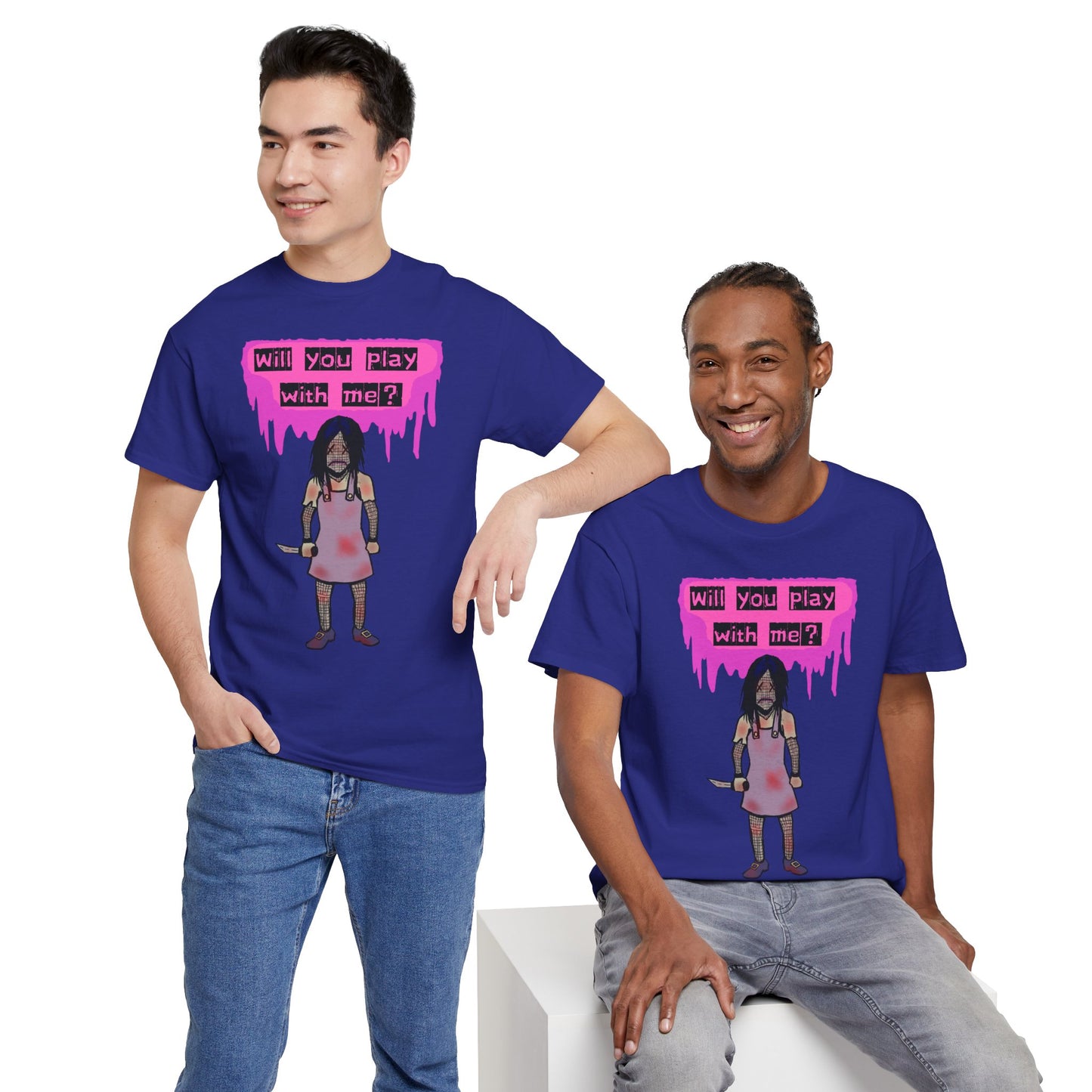 Playful Evil Doll Horror Graphic Tee, Unisex Heavy Cotton Shirt, Casual Wear, Unique Gift, Halloween Costume, Quirky Fashion