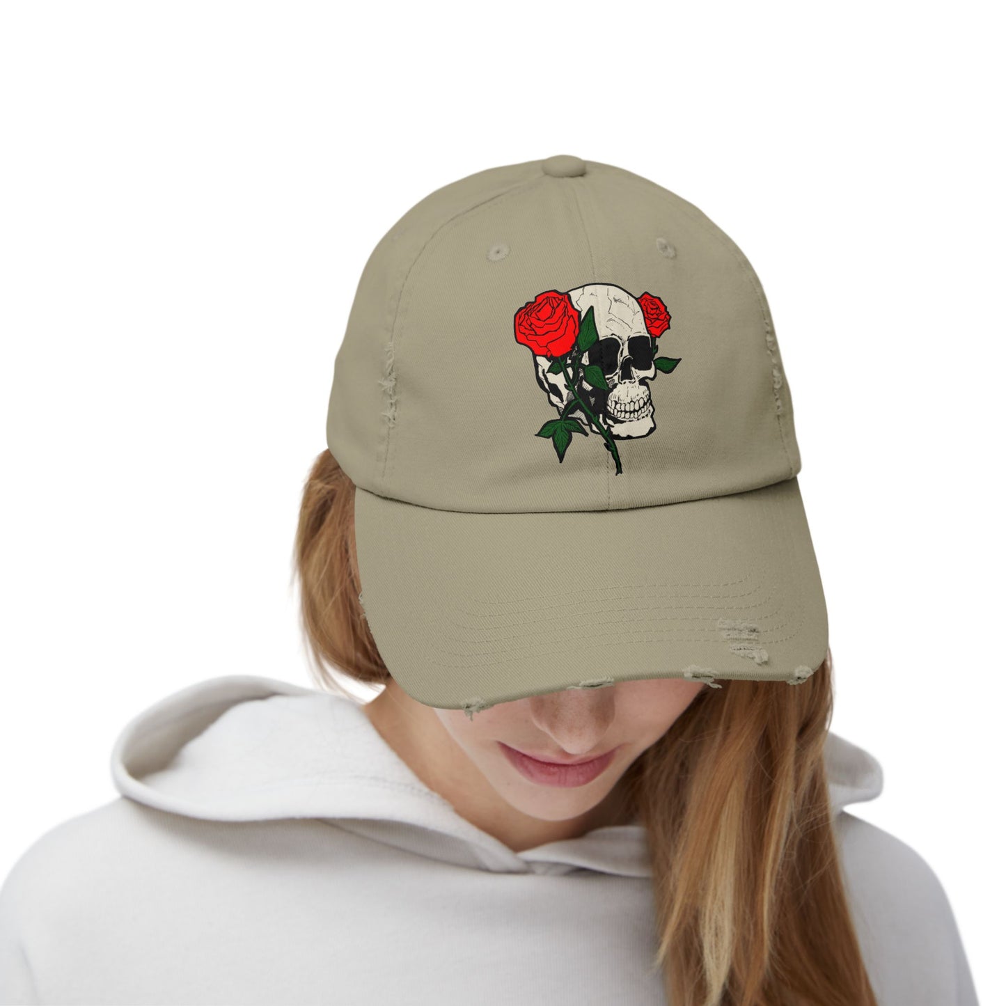 Skull and Roses Distressed Unisex Cap – Edgy Fashion Accessory for Music Lovers