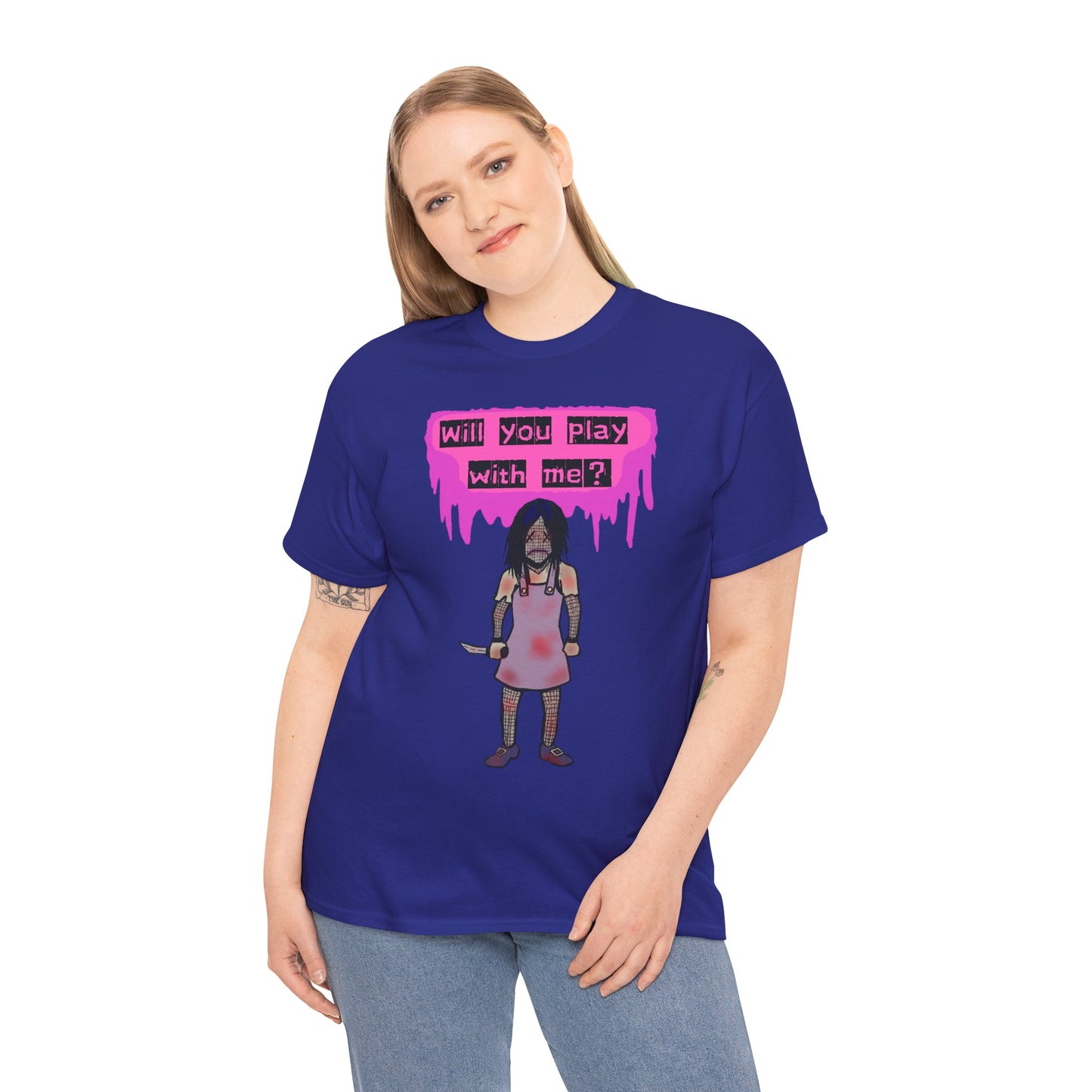 Playful Evil Doll Horror Graphic Tee, Unisex Heavy Cotton Shirt, Casual Wear, Unique Gift, Halloween Costume, Quirky Fashion