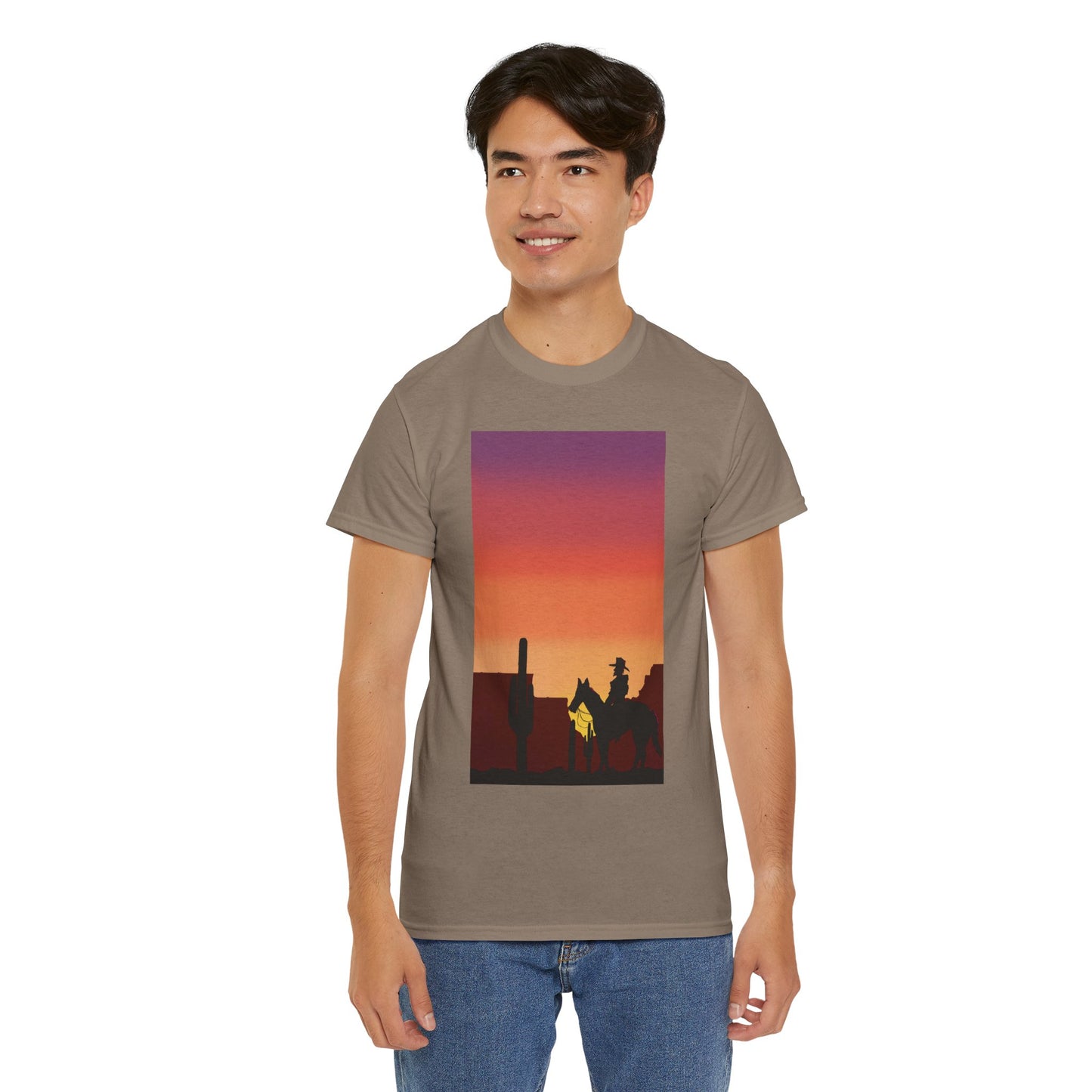 Sunset Cowboy Unisex Heavy Cotton Tee - Western Graphic Tee for Nature Lovers