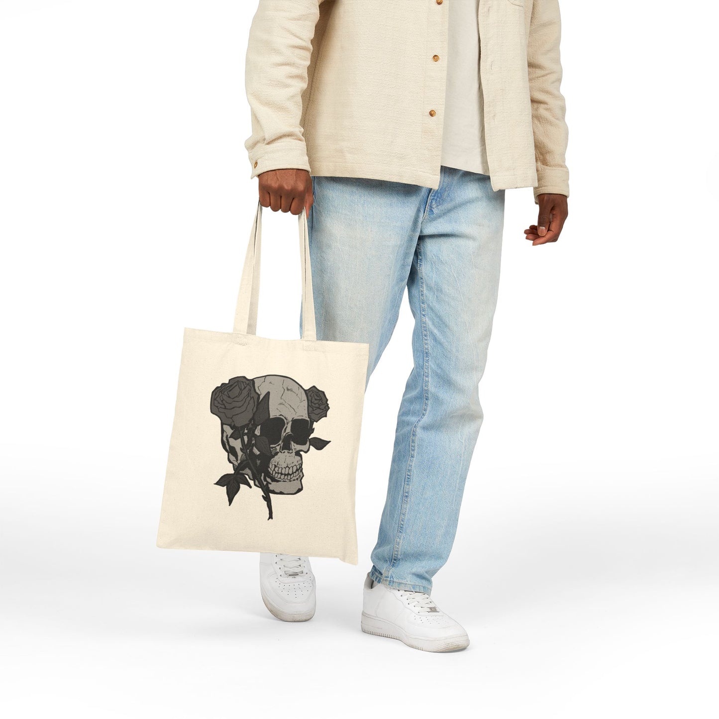 Skull with Roses Canvas Tote Bag — Gothic Floral Reusable Market Bag