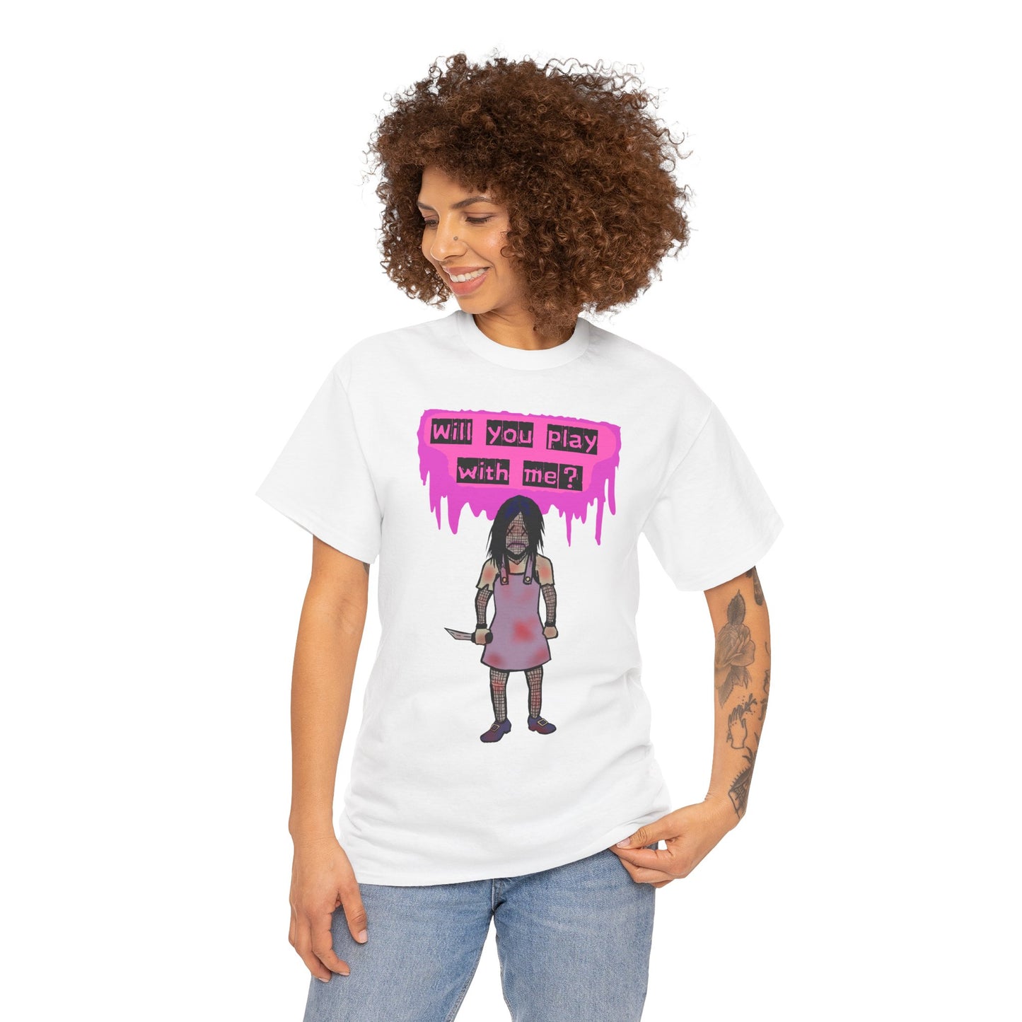 Playful Evil Doll Horror Graphic Tee, Unisex Heavy Cotton Shirt, Casual Wear, Unique Gift, Halloween Costume, Quirky Fashion