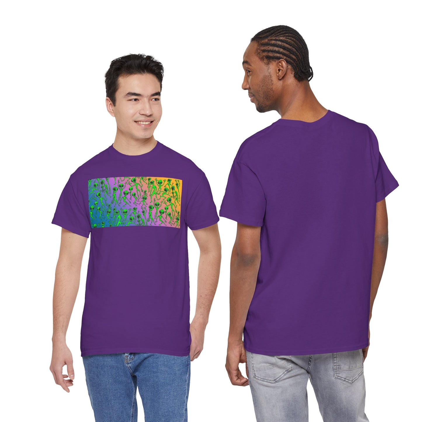 Alien Dance Party Gradient Tee — Colorful Psychedelic Green Aliens Art T-Shirt