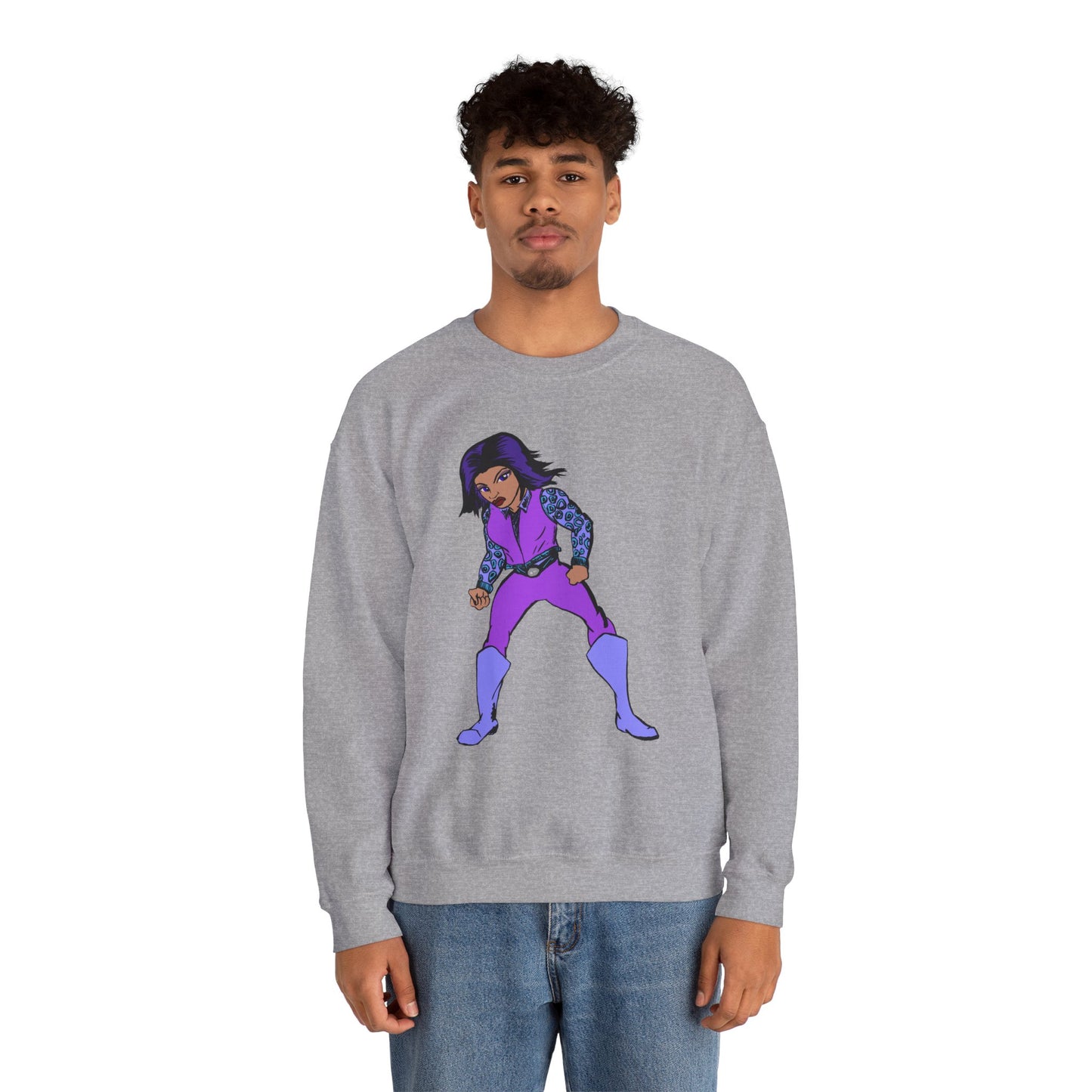 Vintage Retro Hero Crewneck Sweatshirt with Bold Graphic Design