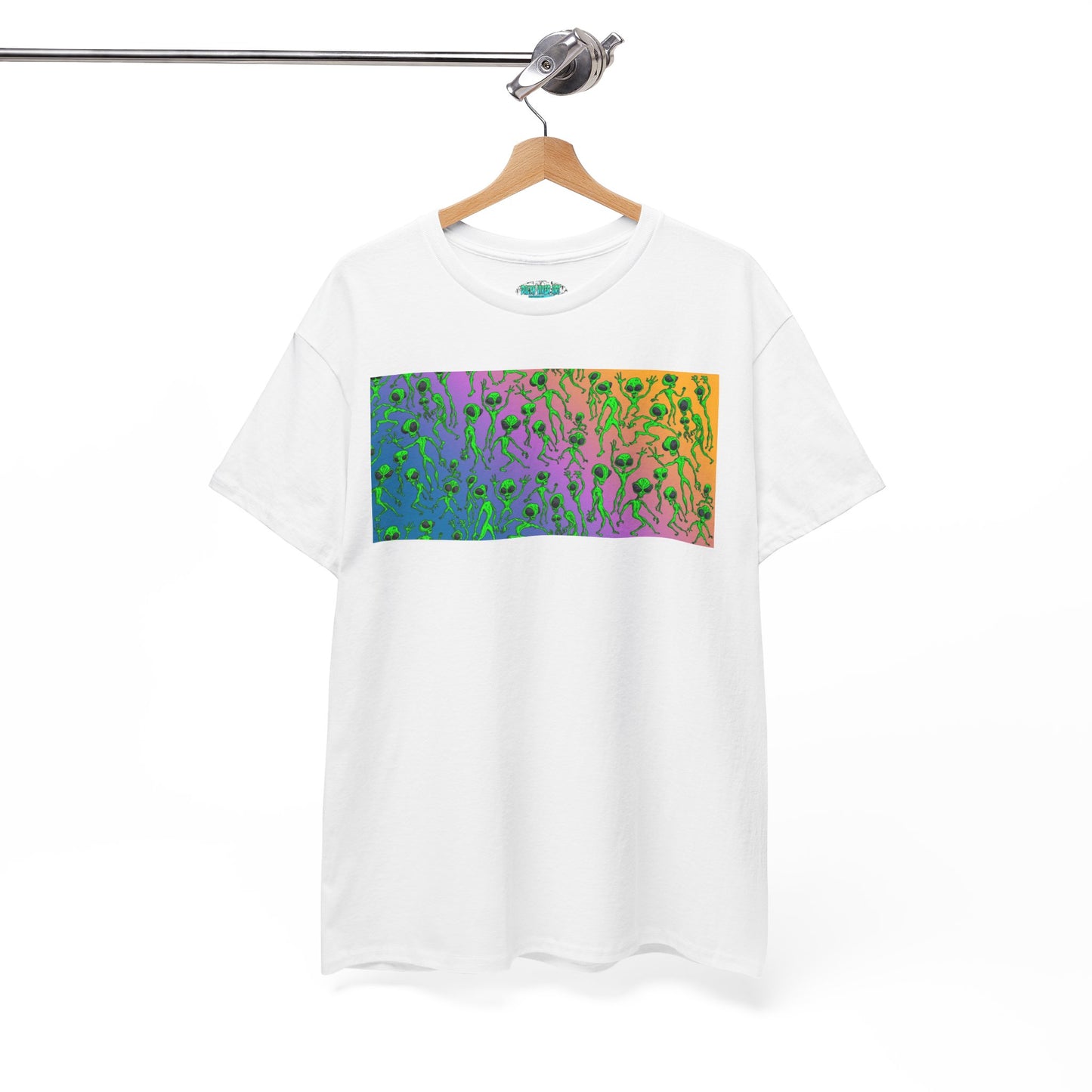 Alien Dance Party Gradient Tee — Colorful Psychedelic Green Aliens Art T-Shirt