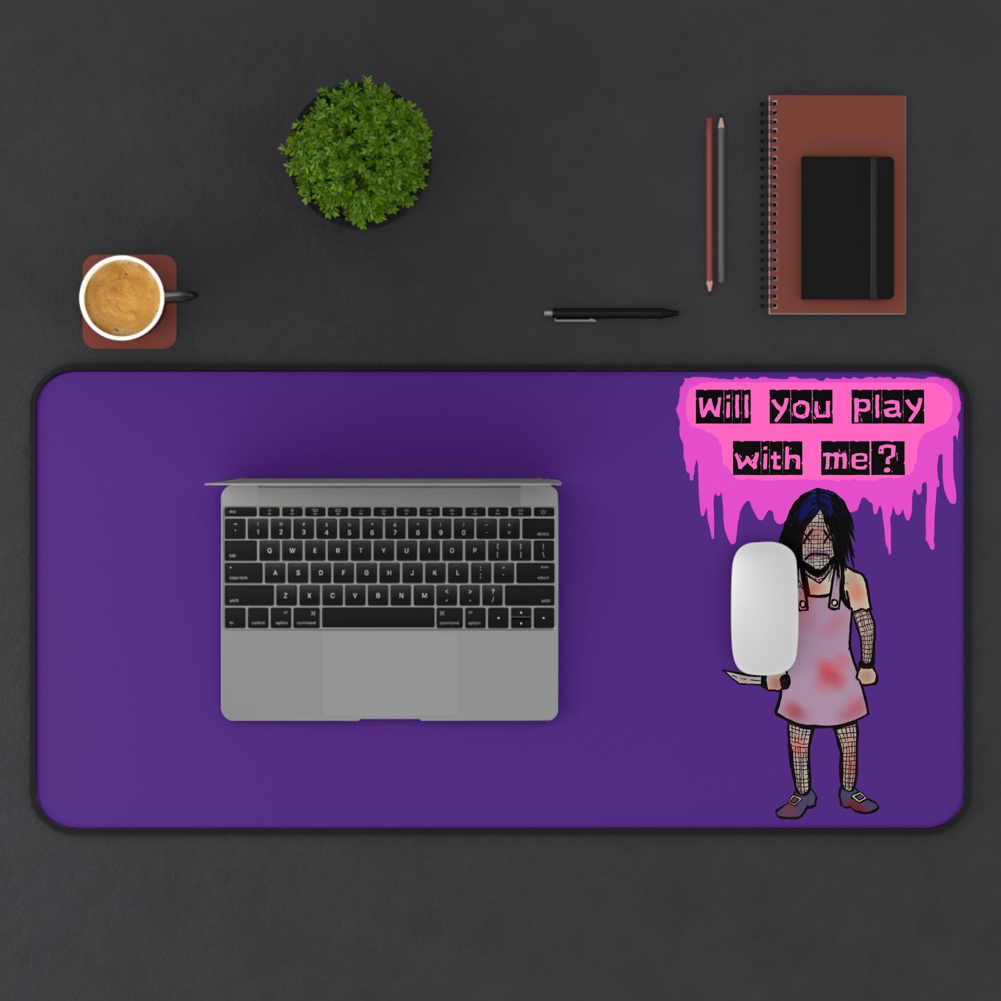 Gothic Playful Evil Doll Desk Mat - Perfect for Gamers, Artists, Halloween Decor, Home Office Decor, Unique Gift Ideas