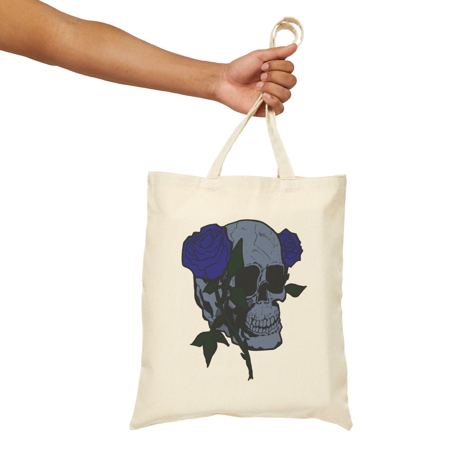 Skull with Blue Roses Cotton Tote Bag – Gothic Floral Canvas Shopper