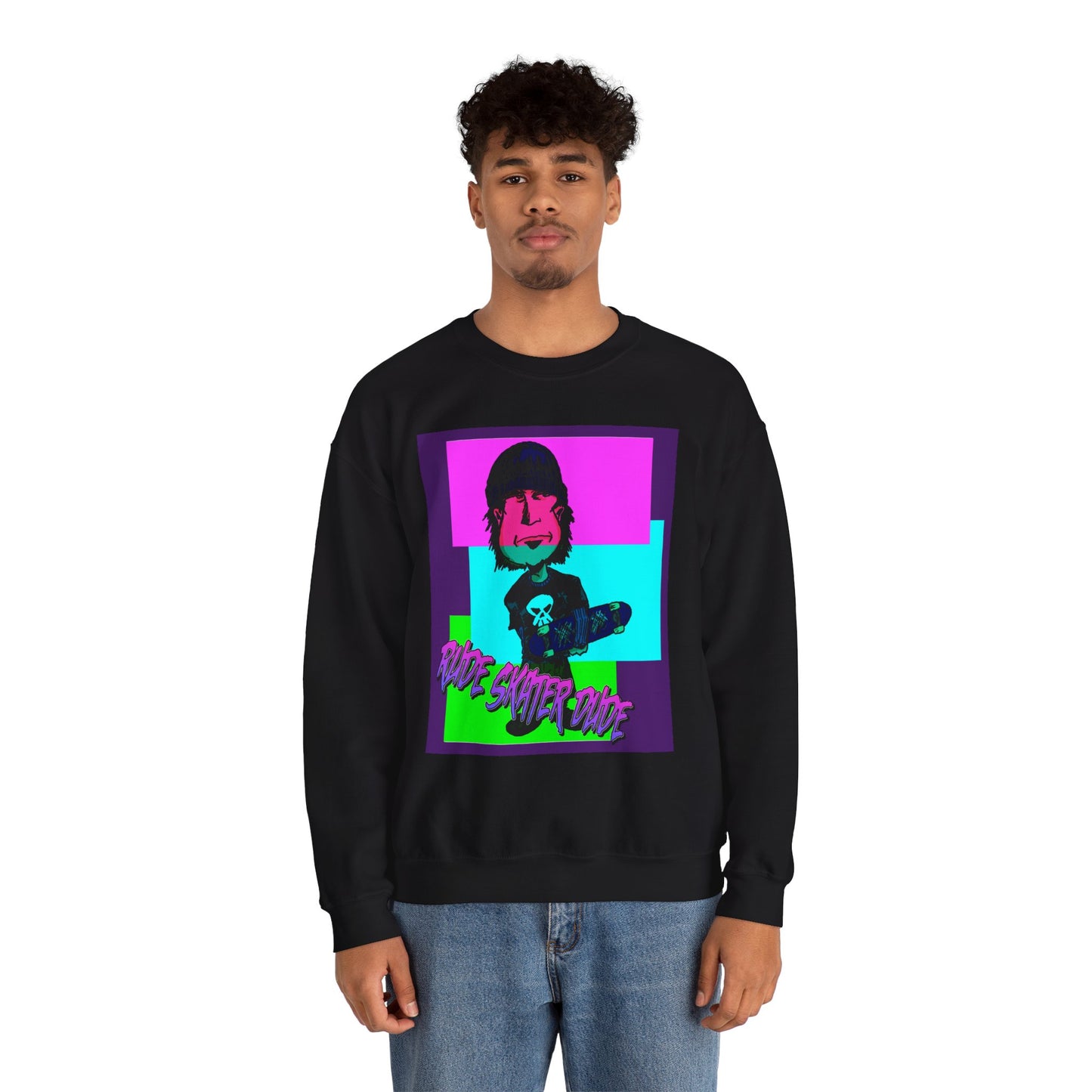 Crewneck Sweatshirt — Retro Neon Skate Punk "Rude Skater Dude" Graphic