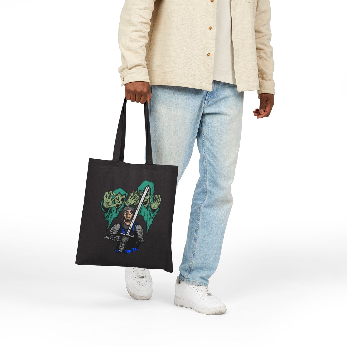 Knight Fright Graphic Canvas Tote — Warrior with Sword & Wraiths Design